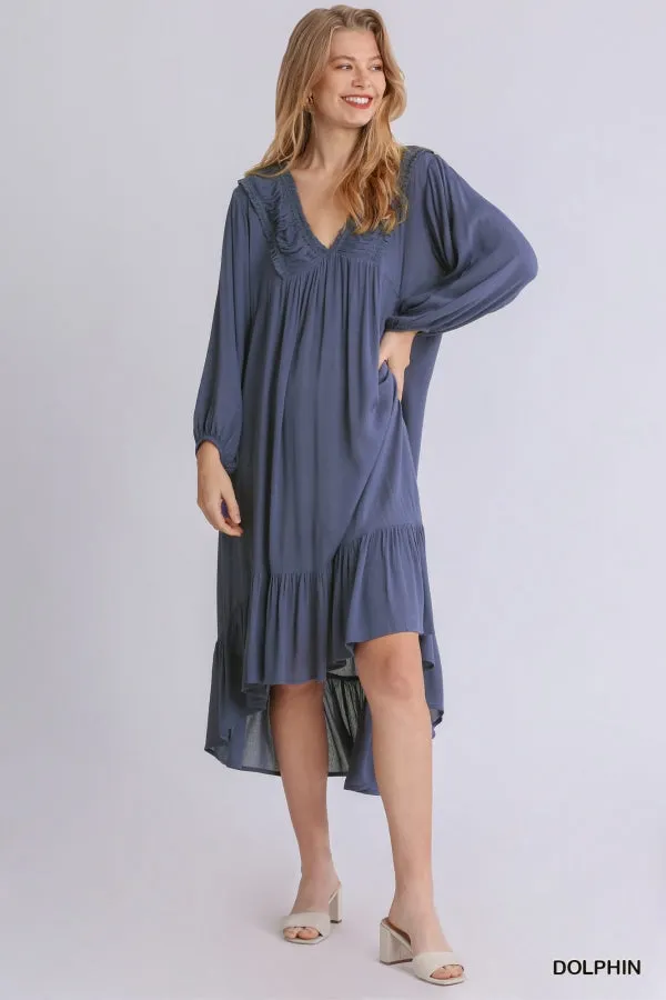 Shirred V-Neck Long Sleeve Midi Ruffled Dress