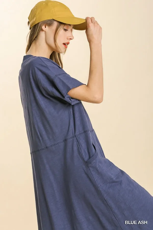 Short Sleeved V-Neck Midi Porkchop Pockets Dress