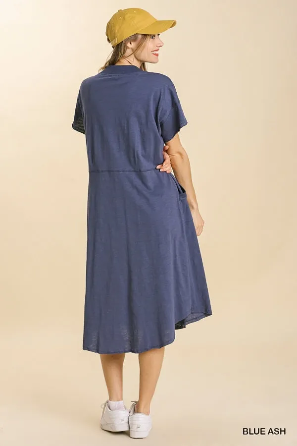 Short Sleeved V-Neck Midi Porkchop Pockets Dress