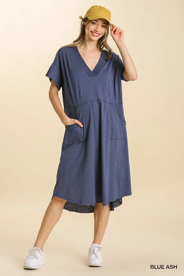 Short Sleeved V-Neck Midi Porkchop Pockets Dress