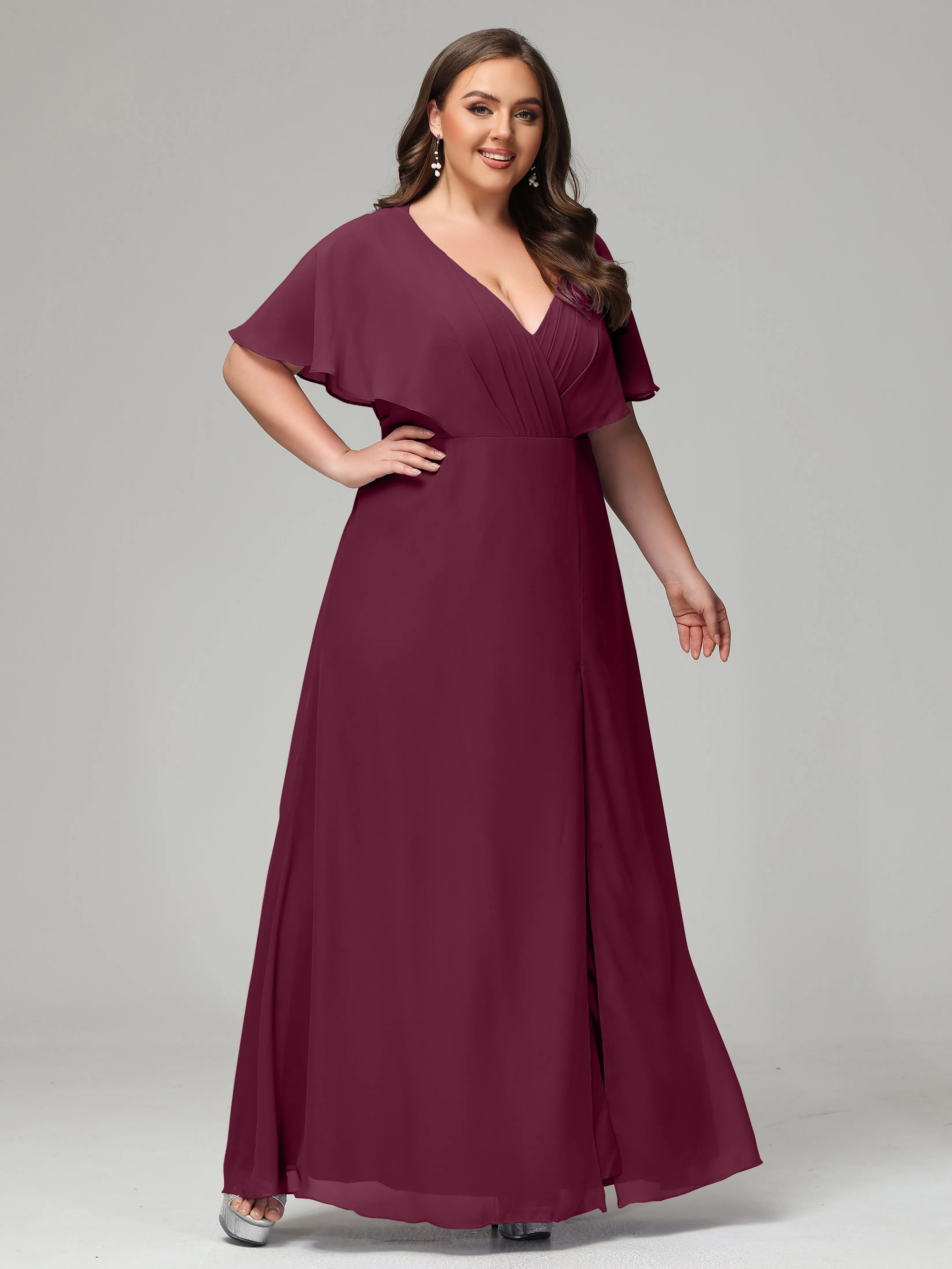 Short Sleeves Chiffon Split Long Plus Bridesmaid Dresses