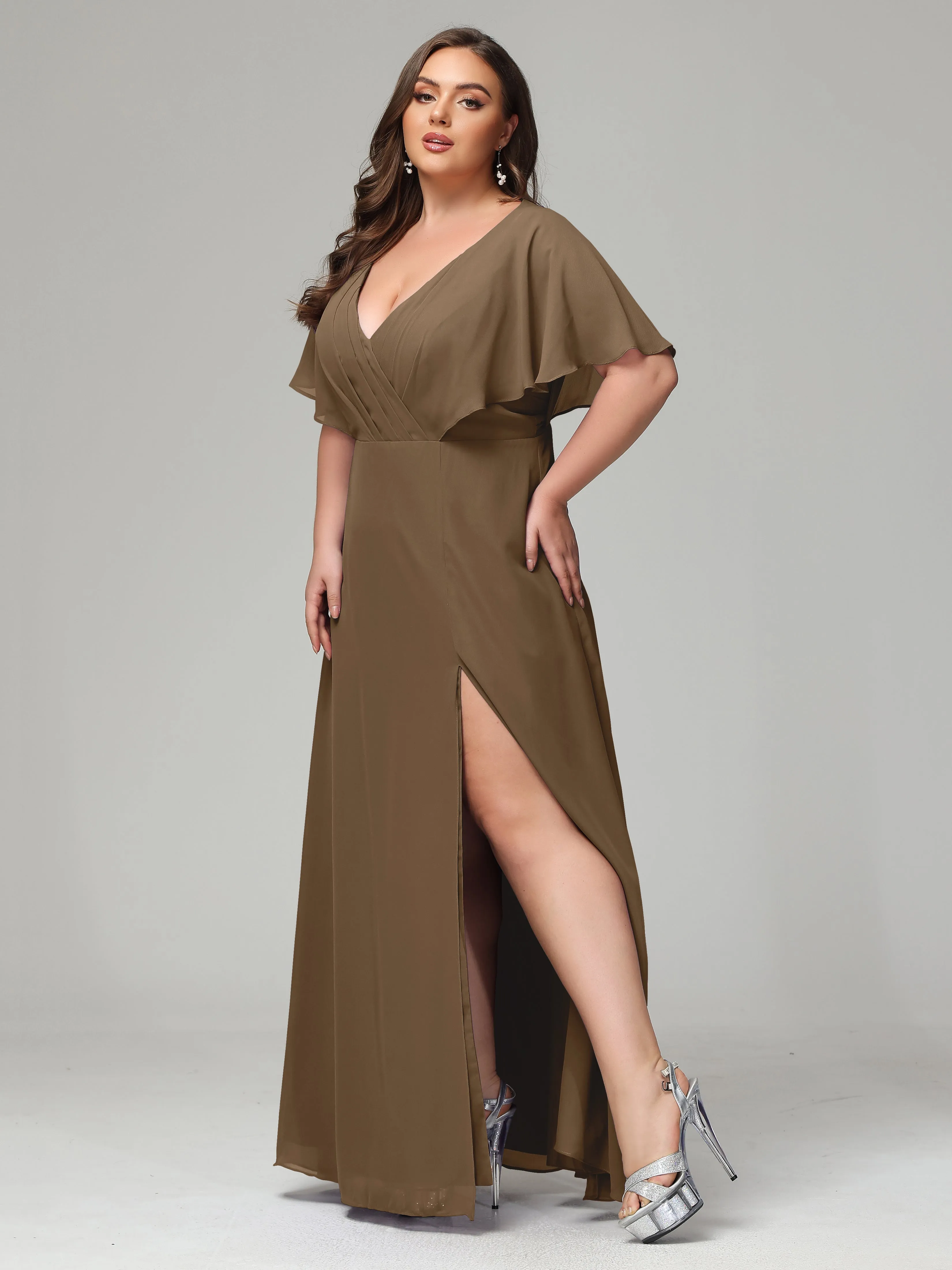 Short Sleeves Chiffon Split Long Plus Bridesmaid Dresses