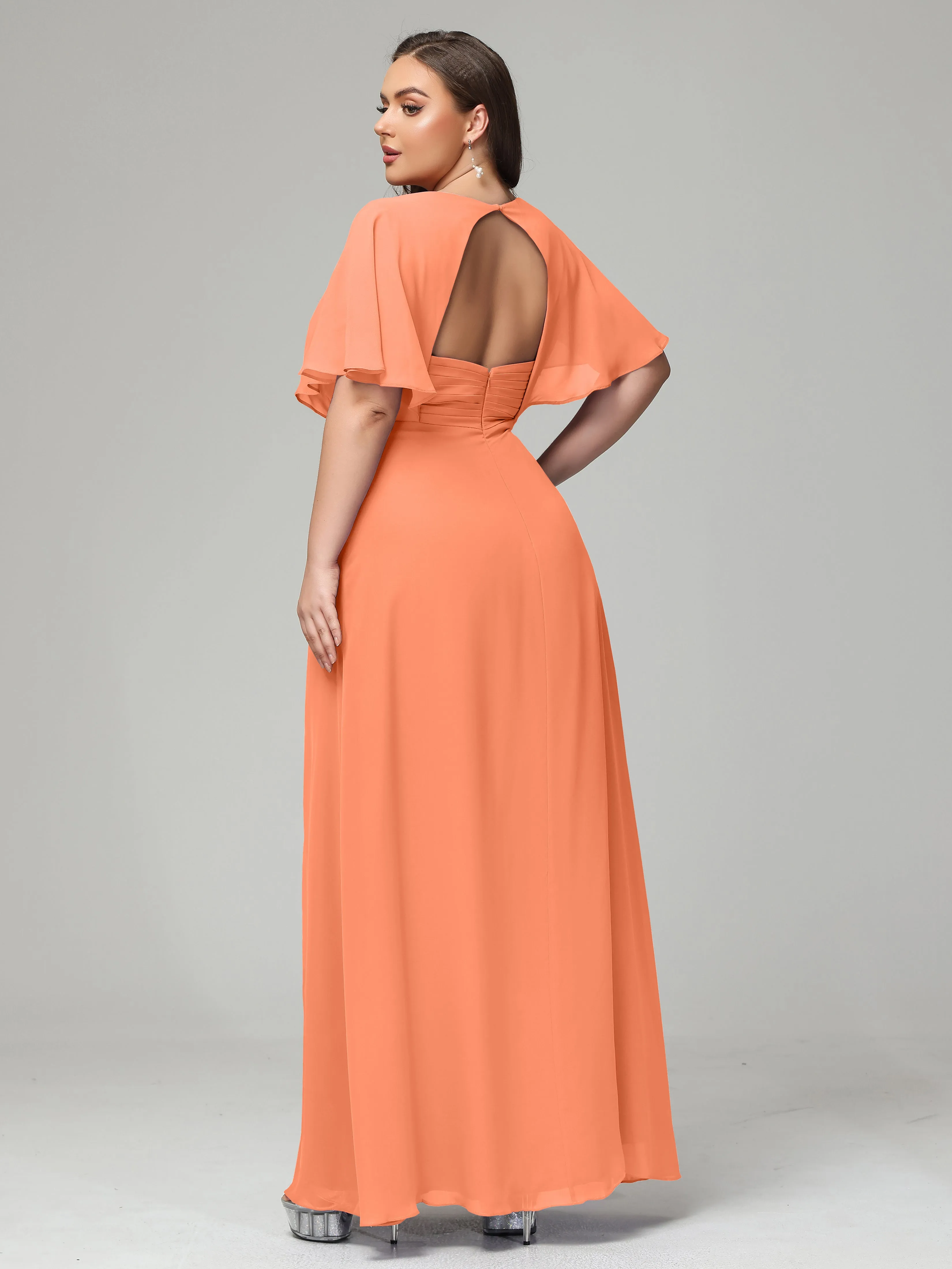 Short Sleeves Chiffon Split Long Plus Bridesmaid Dresses
