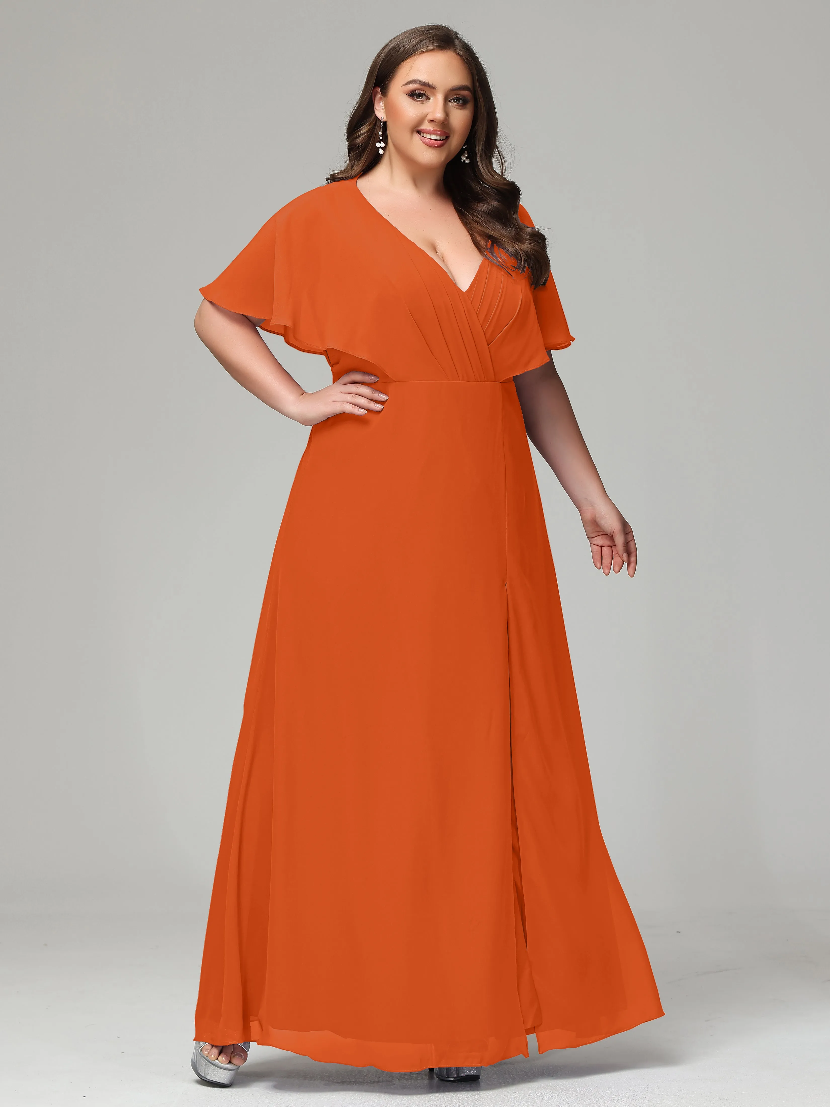 Short Sleeves Chiffon Split Long Plus Bridesmaid Dresses