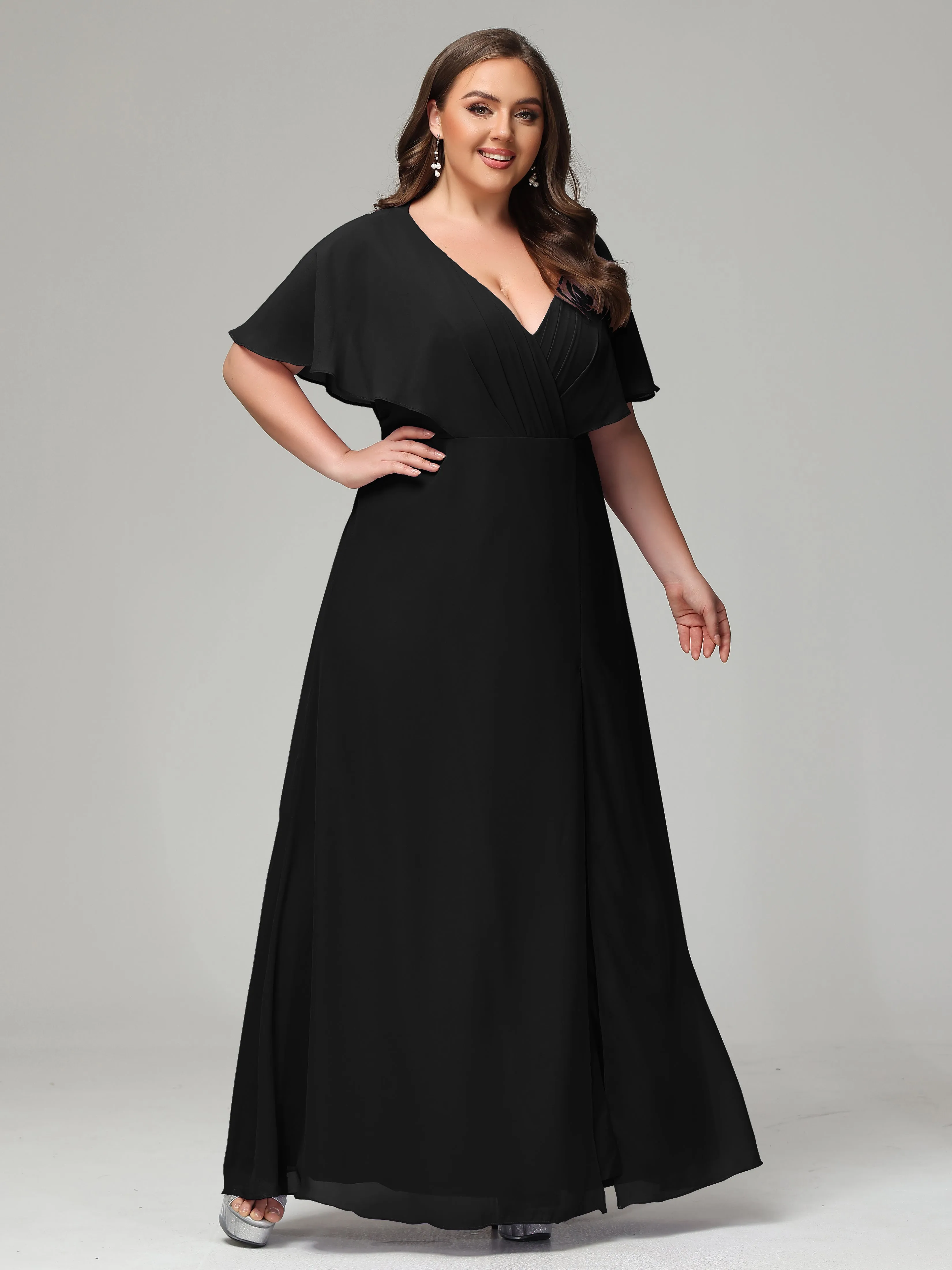 Short Sleeves Chiffon Split Long Plus Bridesmaid Dresses