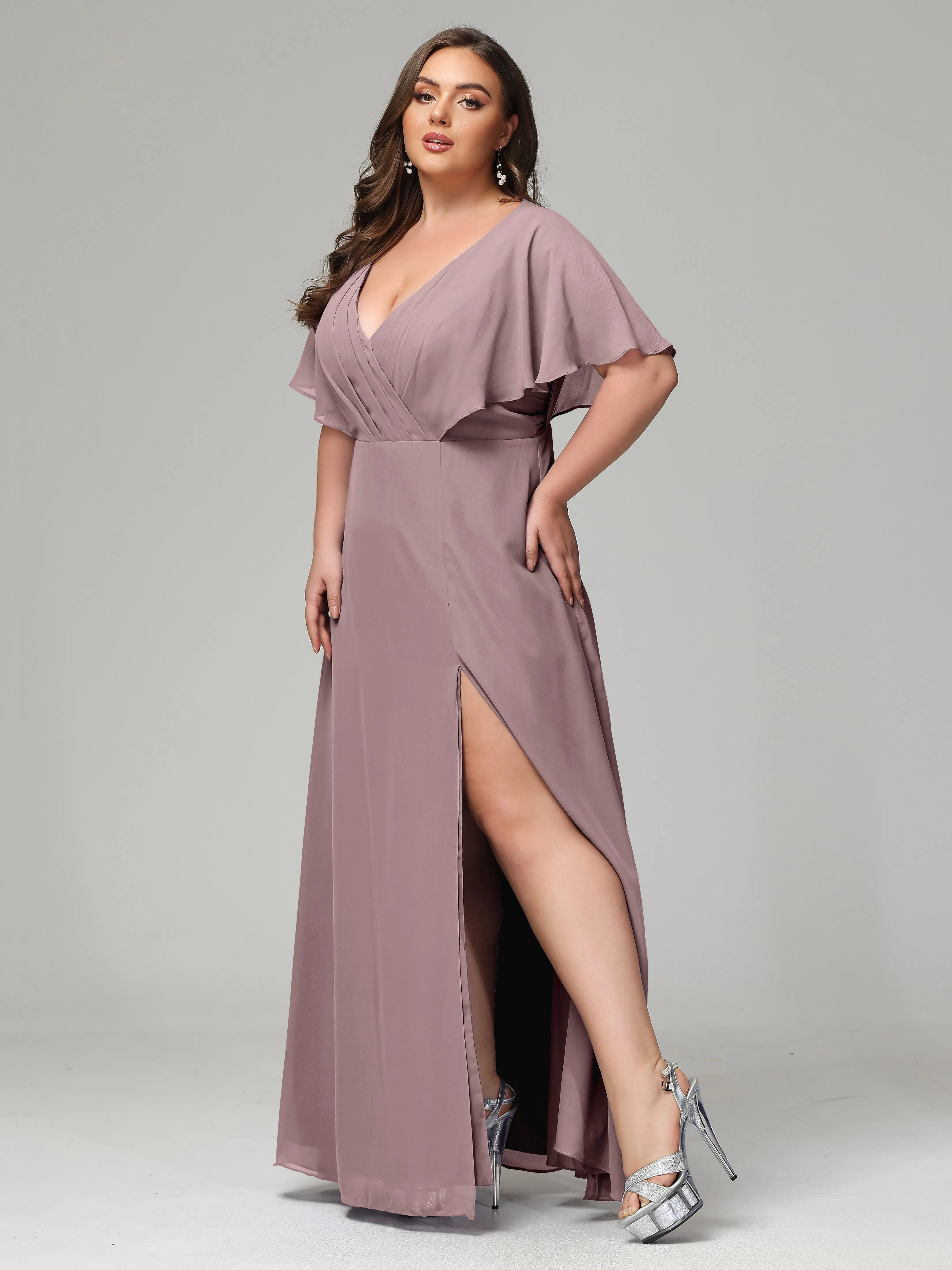 Short Sleeves Chiffon Split Long Plus Bridesmaid Dresses
