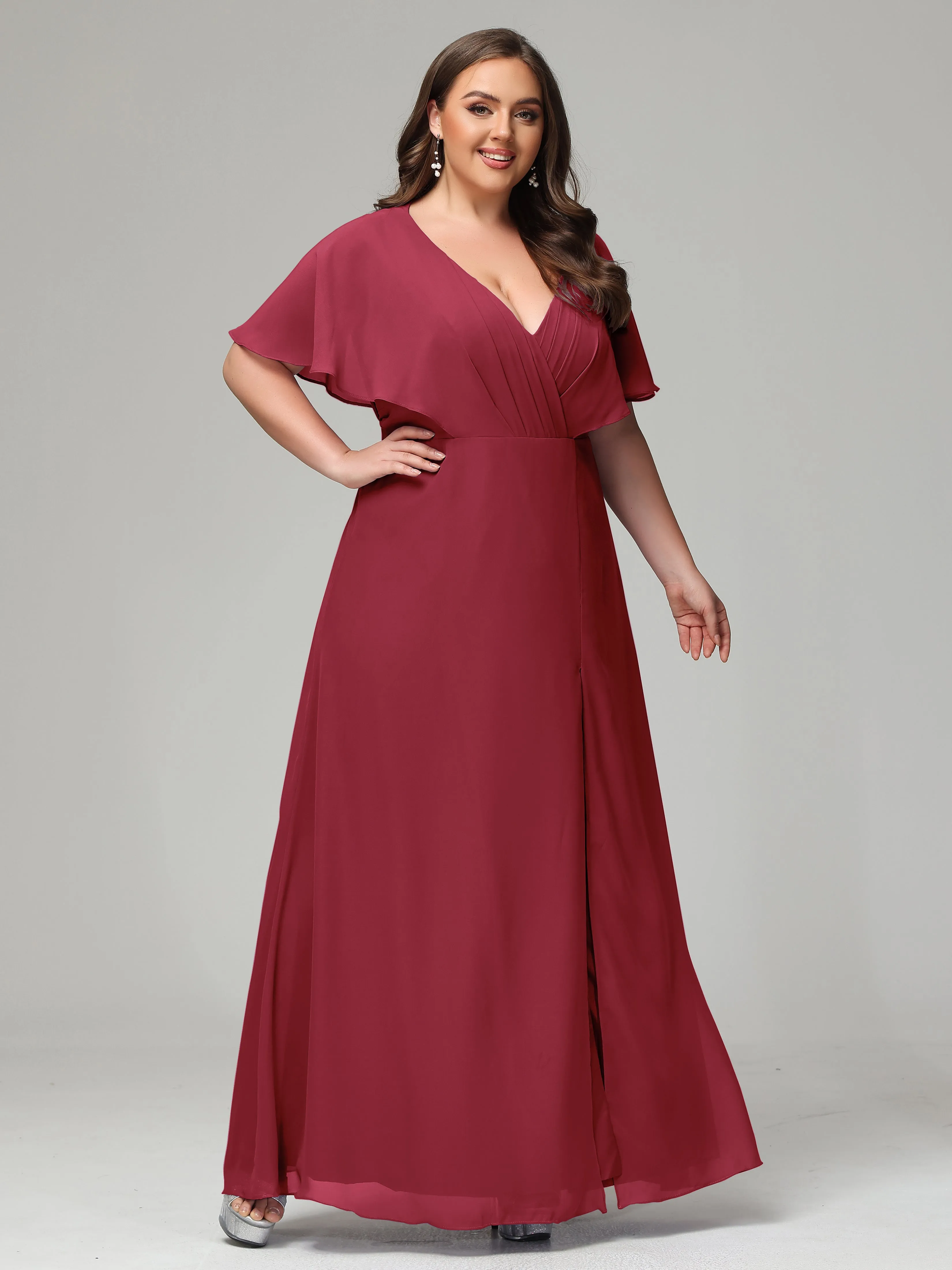 Short Sleeves Chiffon Split Long Plus Bridesmaid Dresses