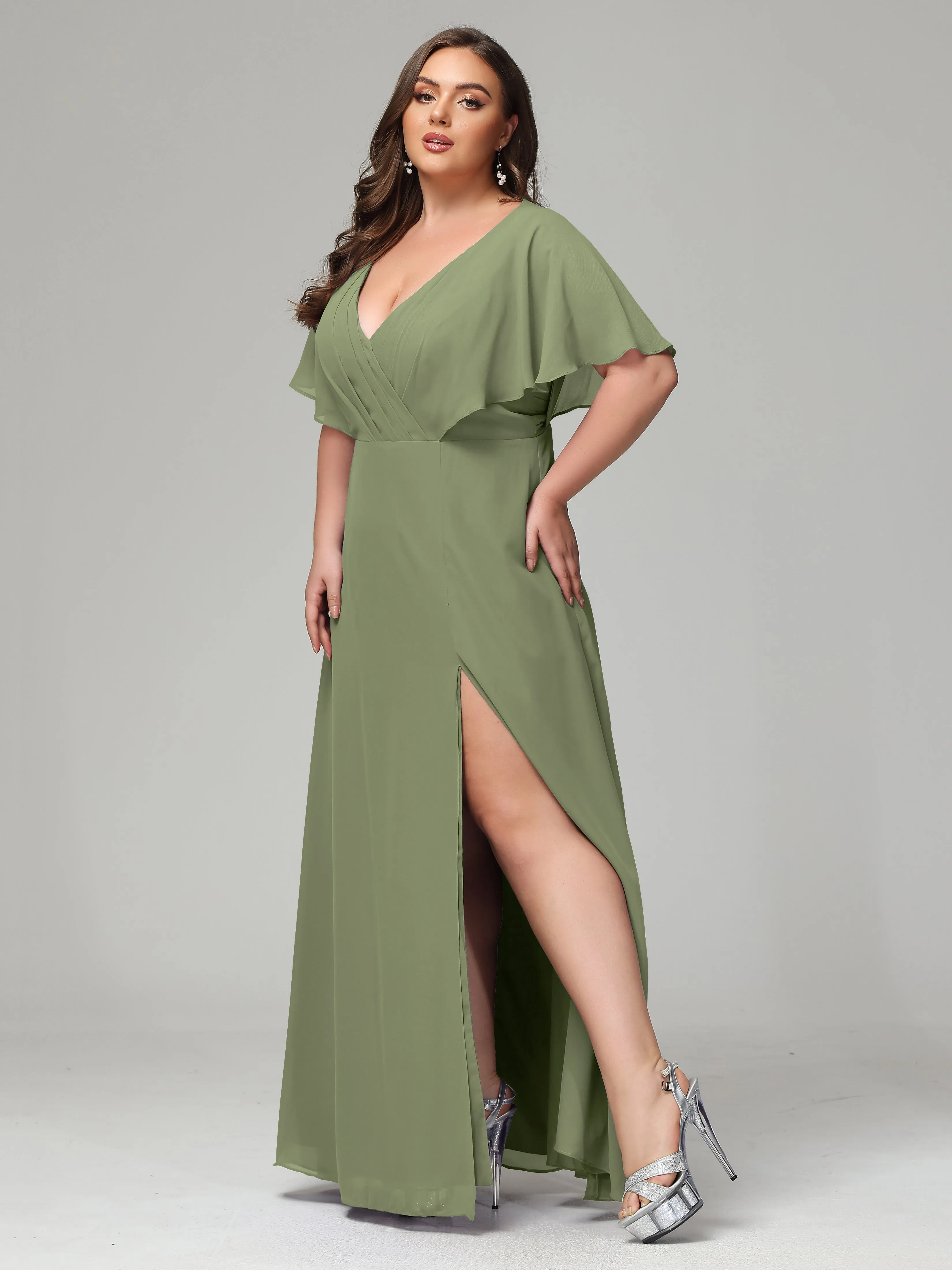 Short Sleeves Chiffon Split Long Plus Bridesmaid Dresses