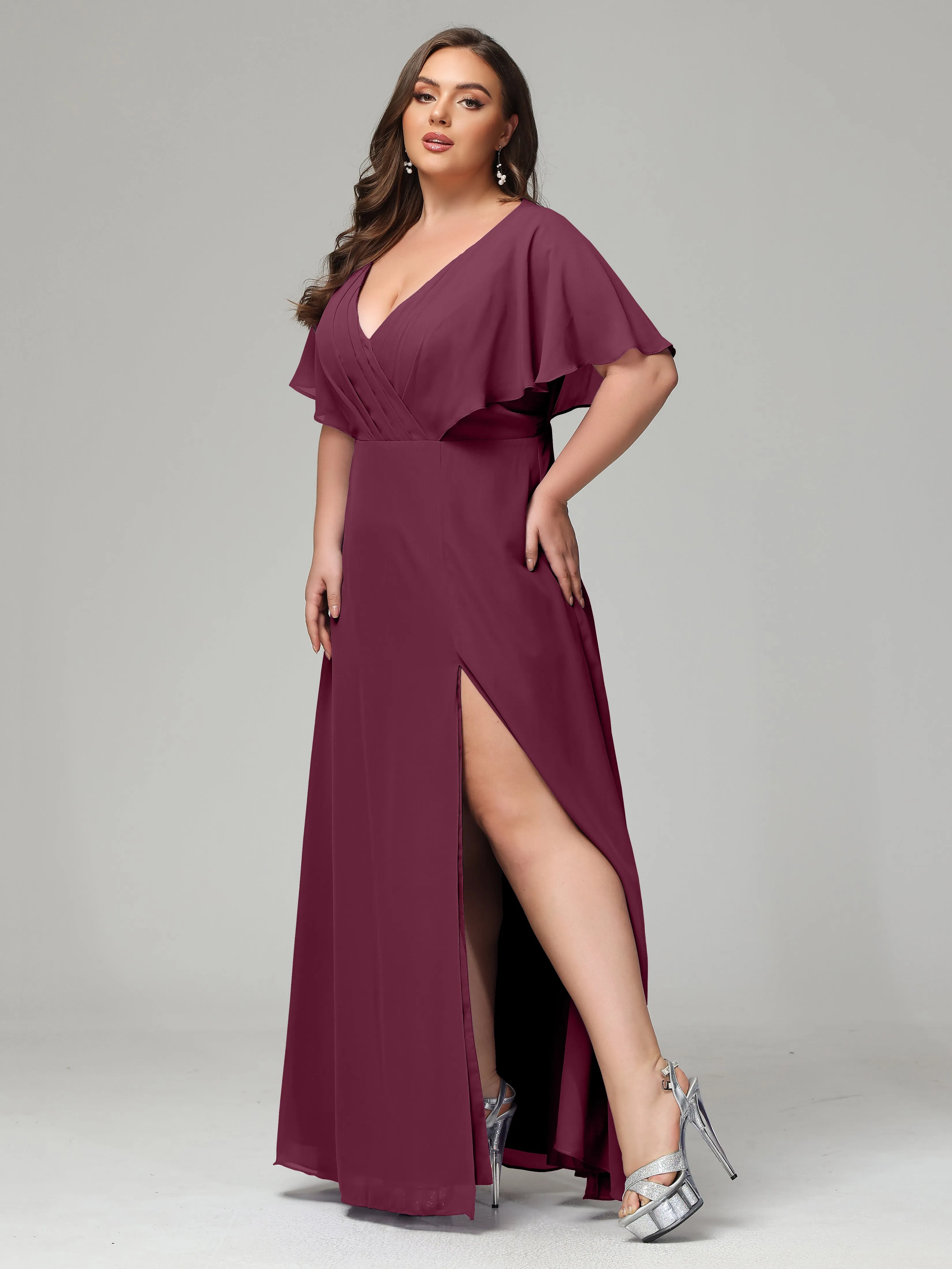 Short Sleeves Chiffon Split Long Plus Bridesmaid Dresses