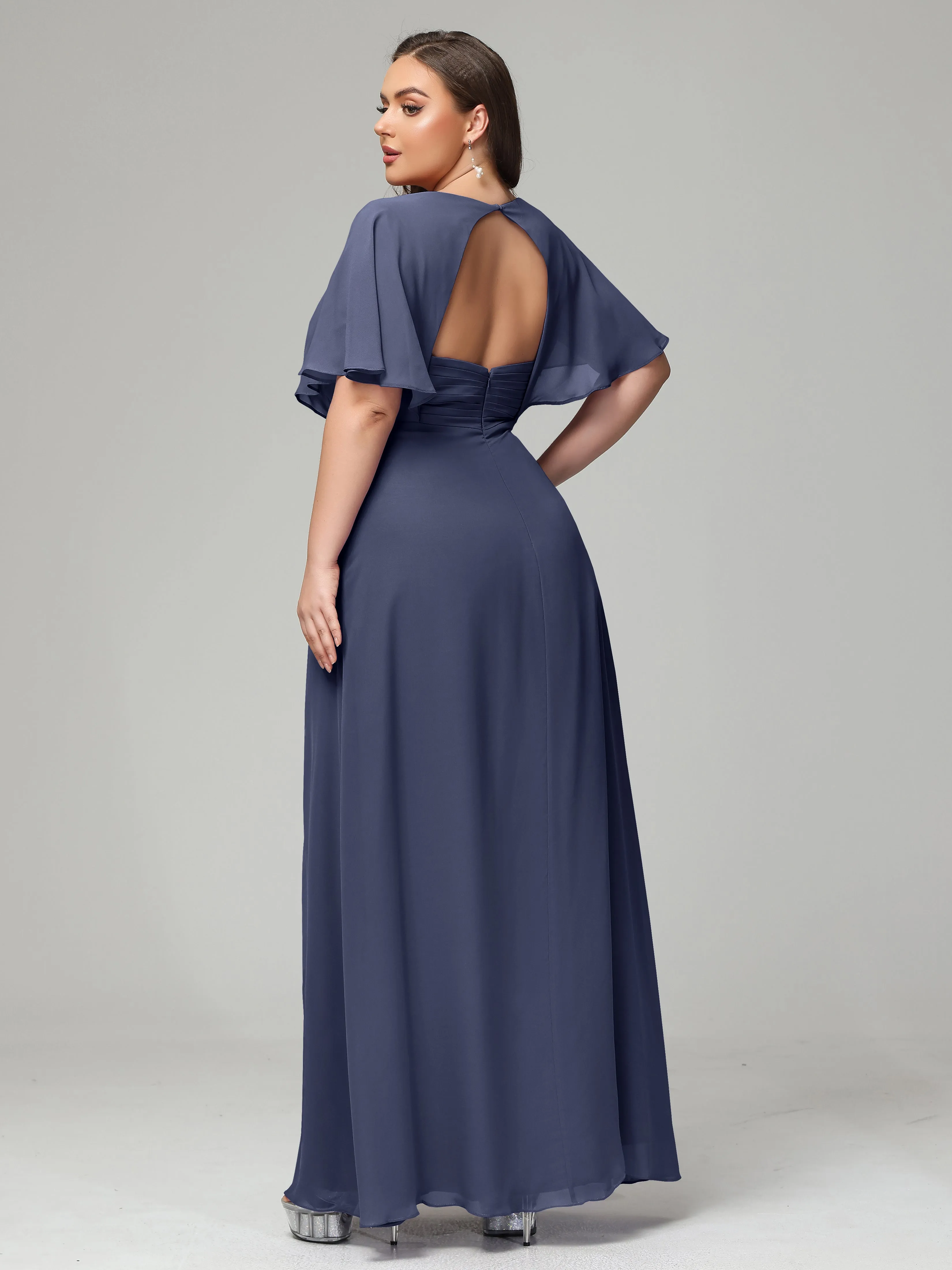 Short Sleeves Chiffon Split Long Plus Bridesmaid Dresses