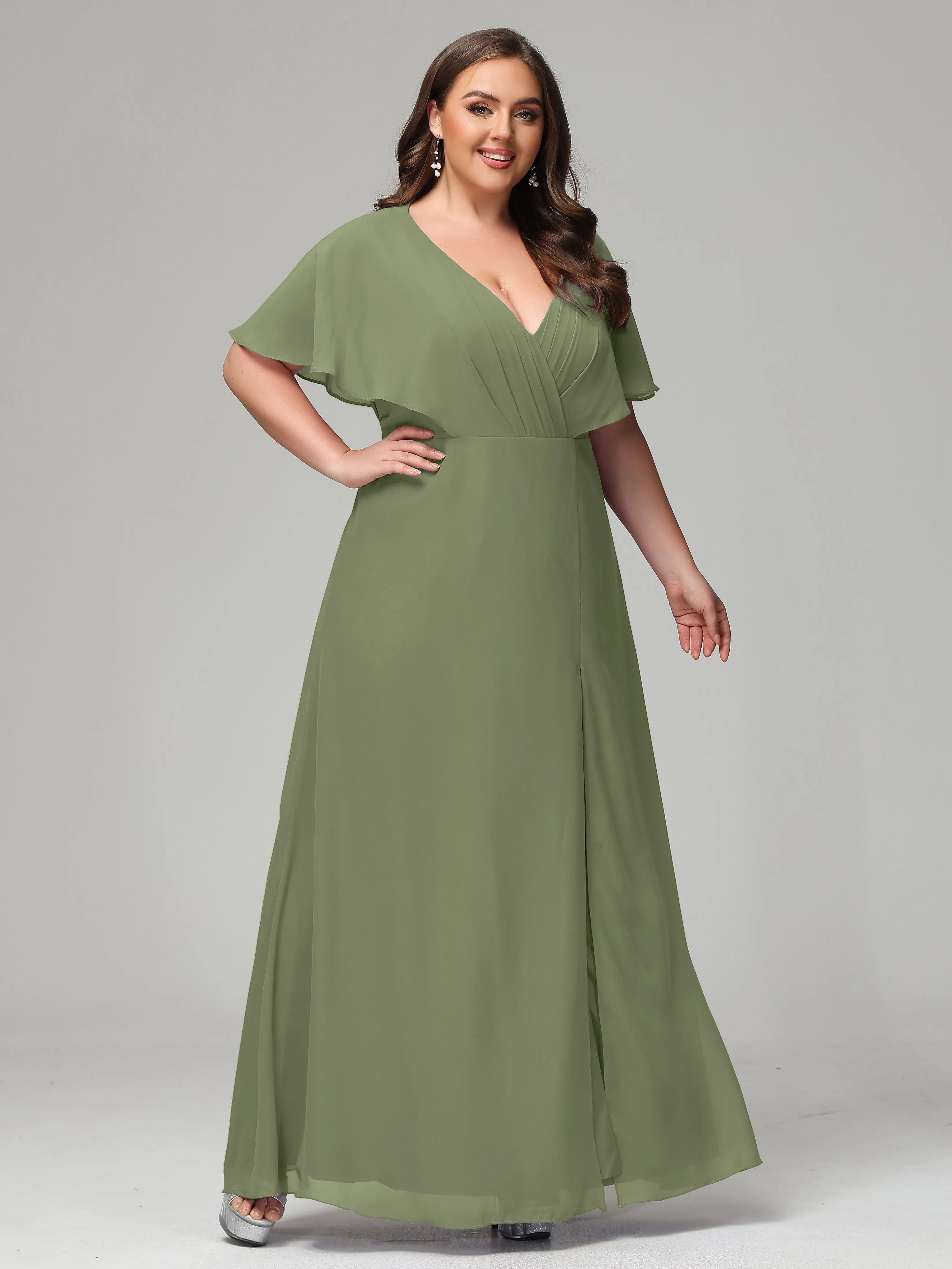 Short Sleeves Chiffon Split Long Plus Bridesmaid Dresses