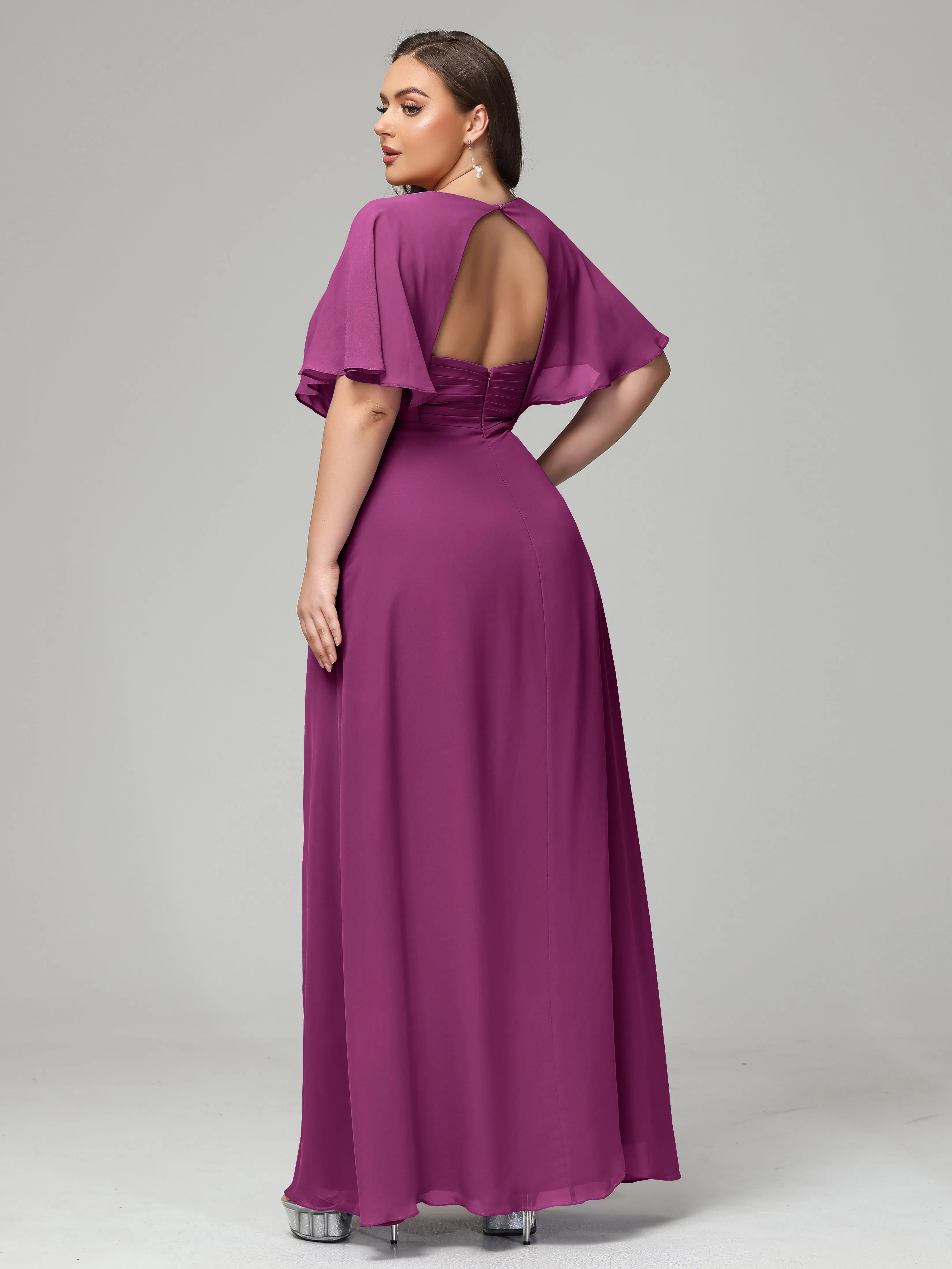 Short Sleeves Chiffon Split Long Plus Bridesmaid Dresses
