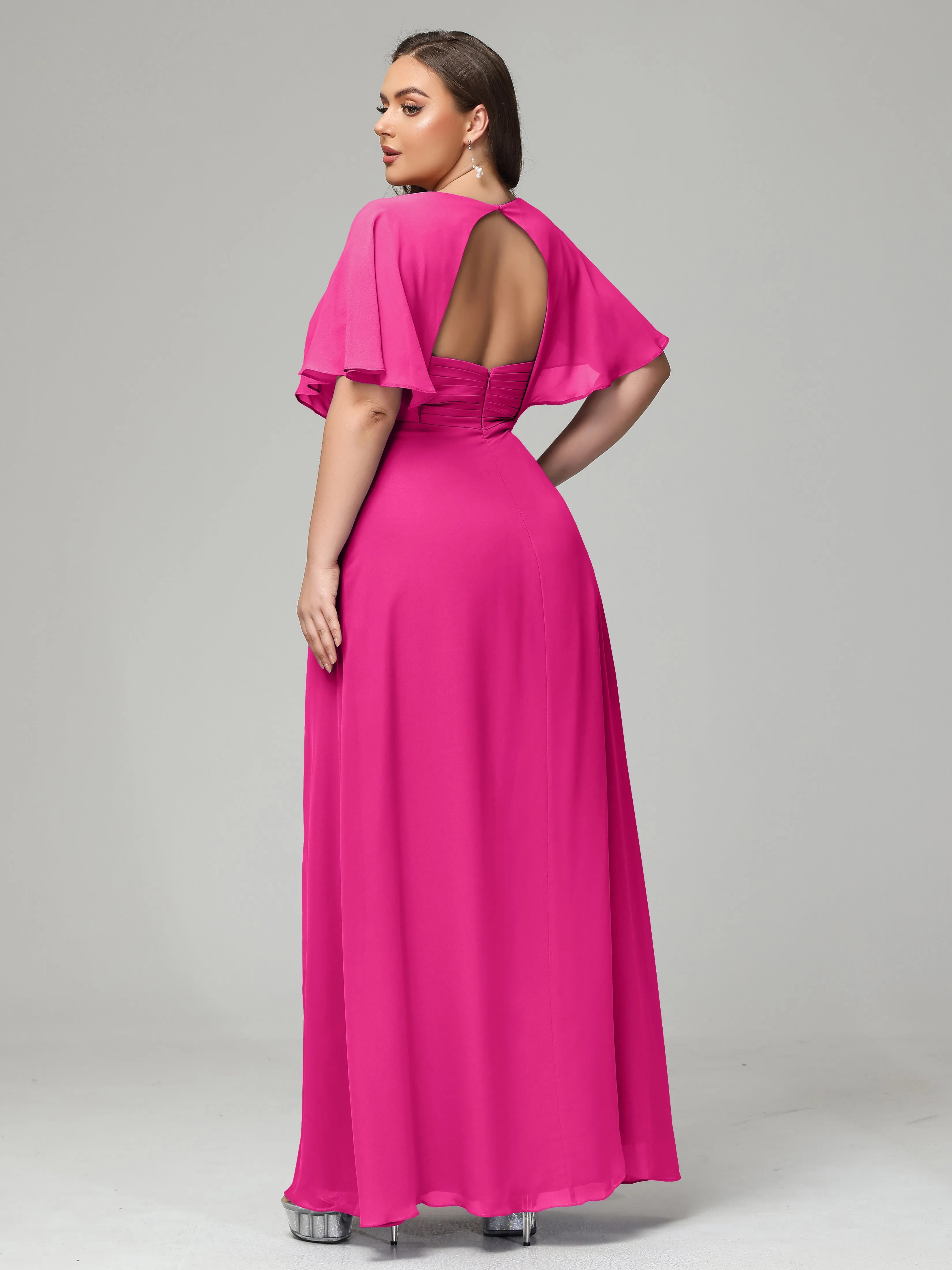 Short Sleeves Chiffon Split Long Plus Bridesmaid Dresses