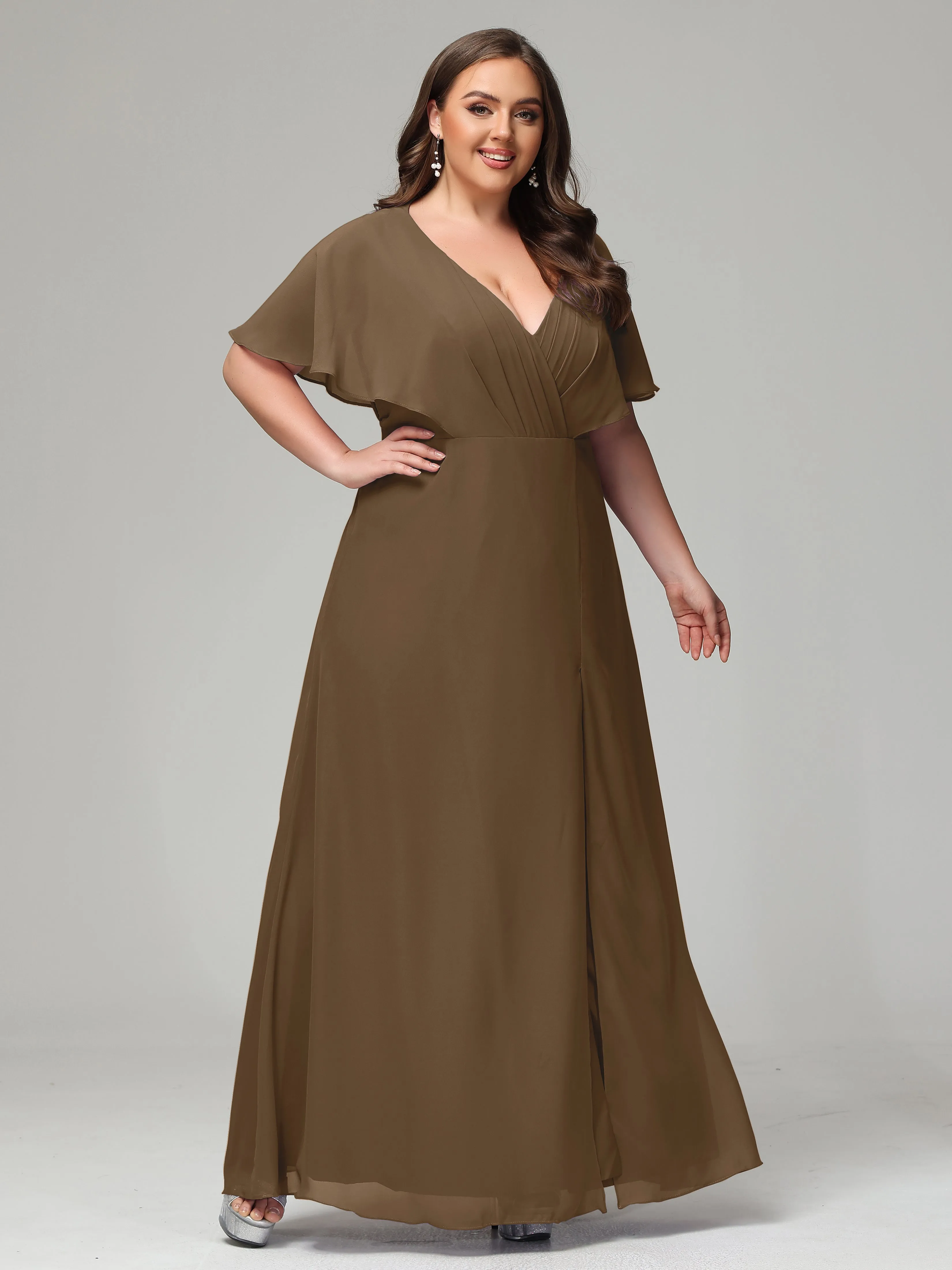 Short Sleeves Chiffon Split Long Plus Bridesmaid Dresses