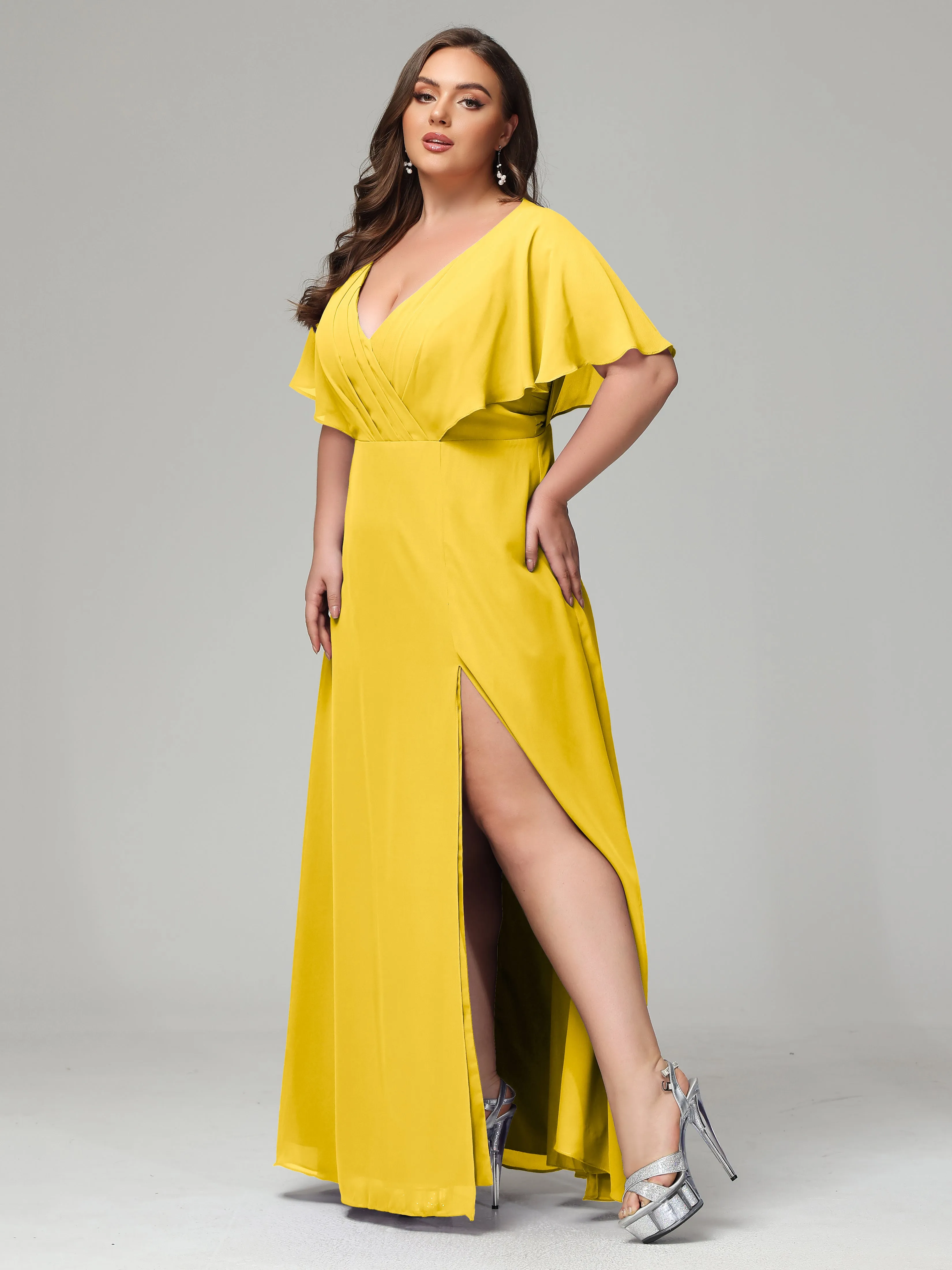 Short Sleeves Chiffon Split Long Plus Bridesmaid Dresses