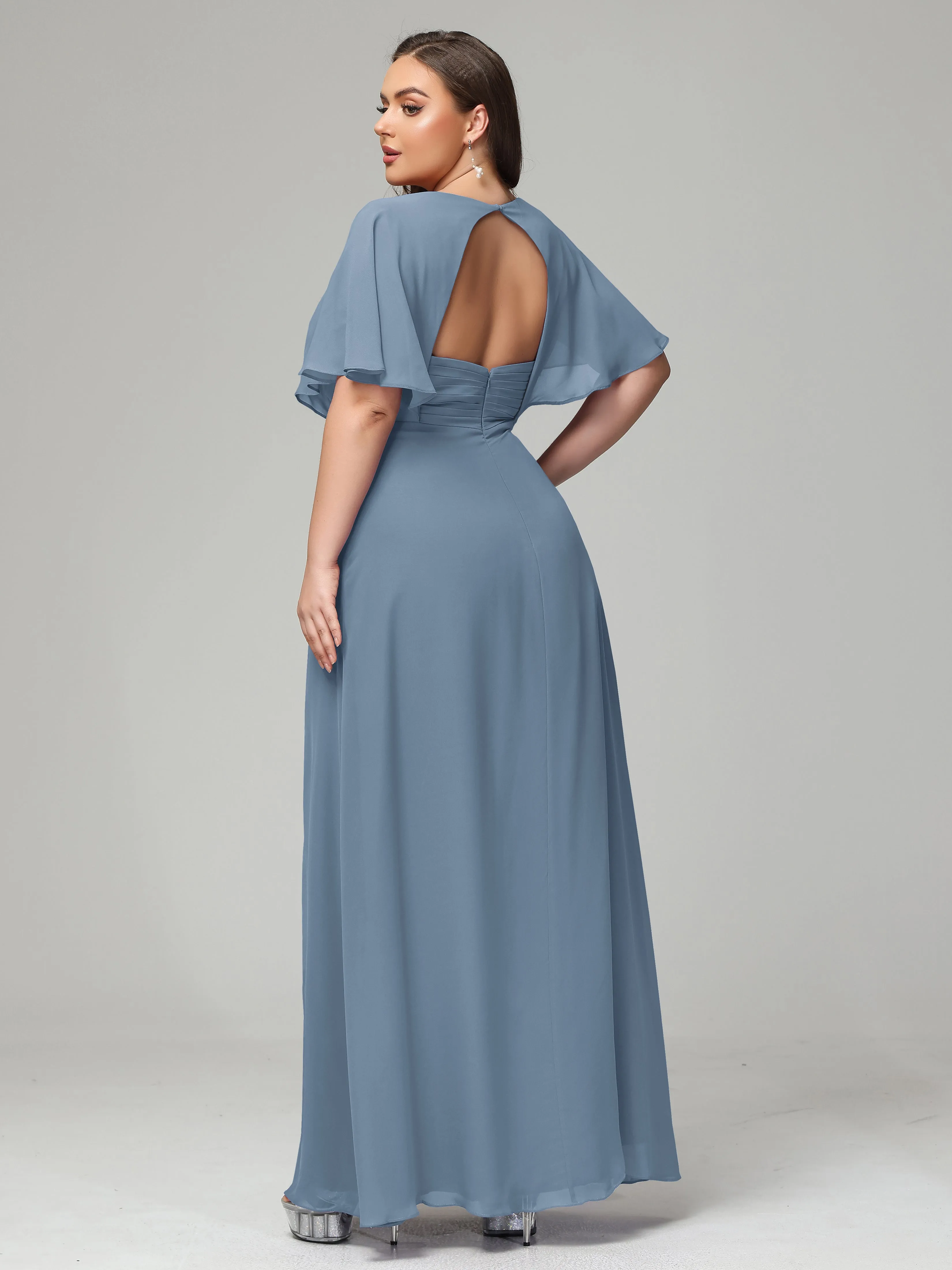 Short Sleeves Chiffon Split Long Plus Bridesmaid Dresses