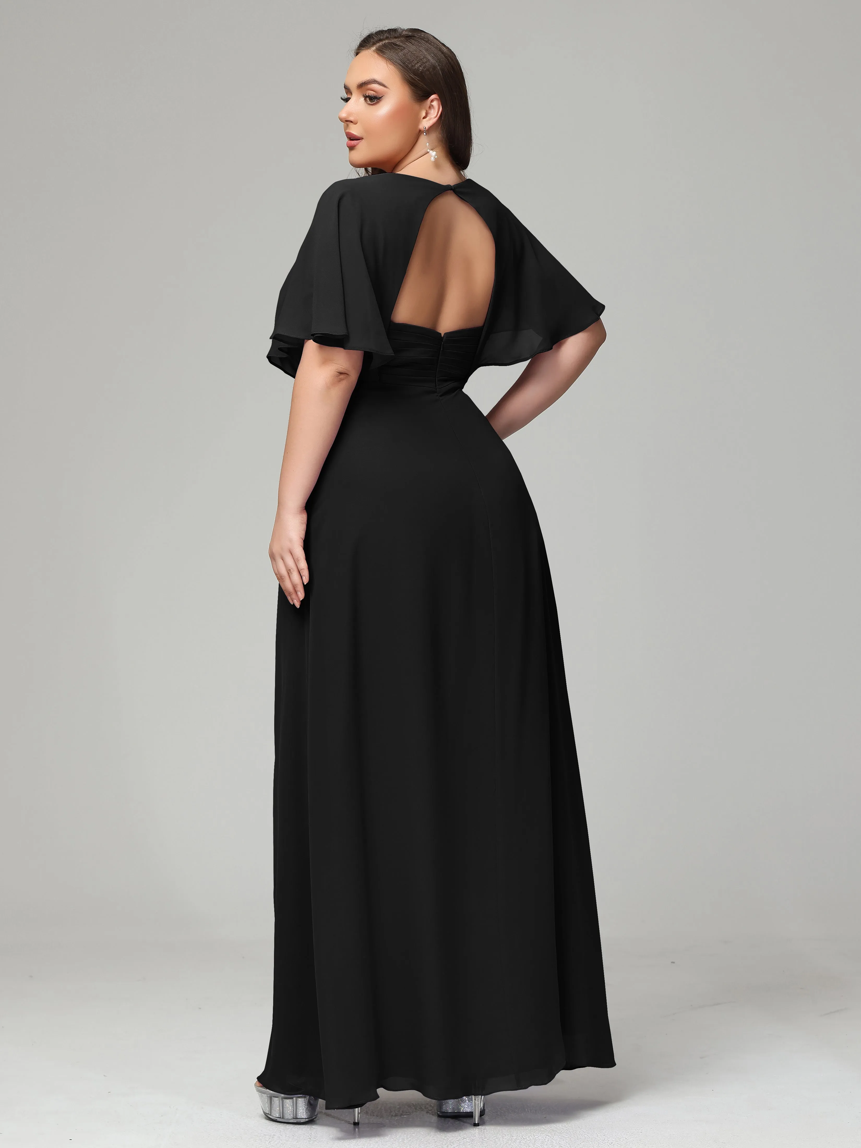Short Sleeves Chiffon Split Long Plus Bridesmaid Dresses