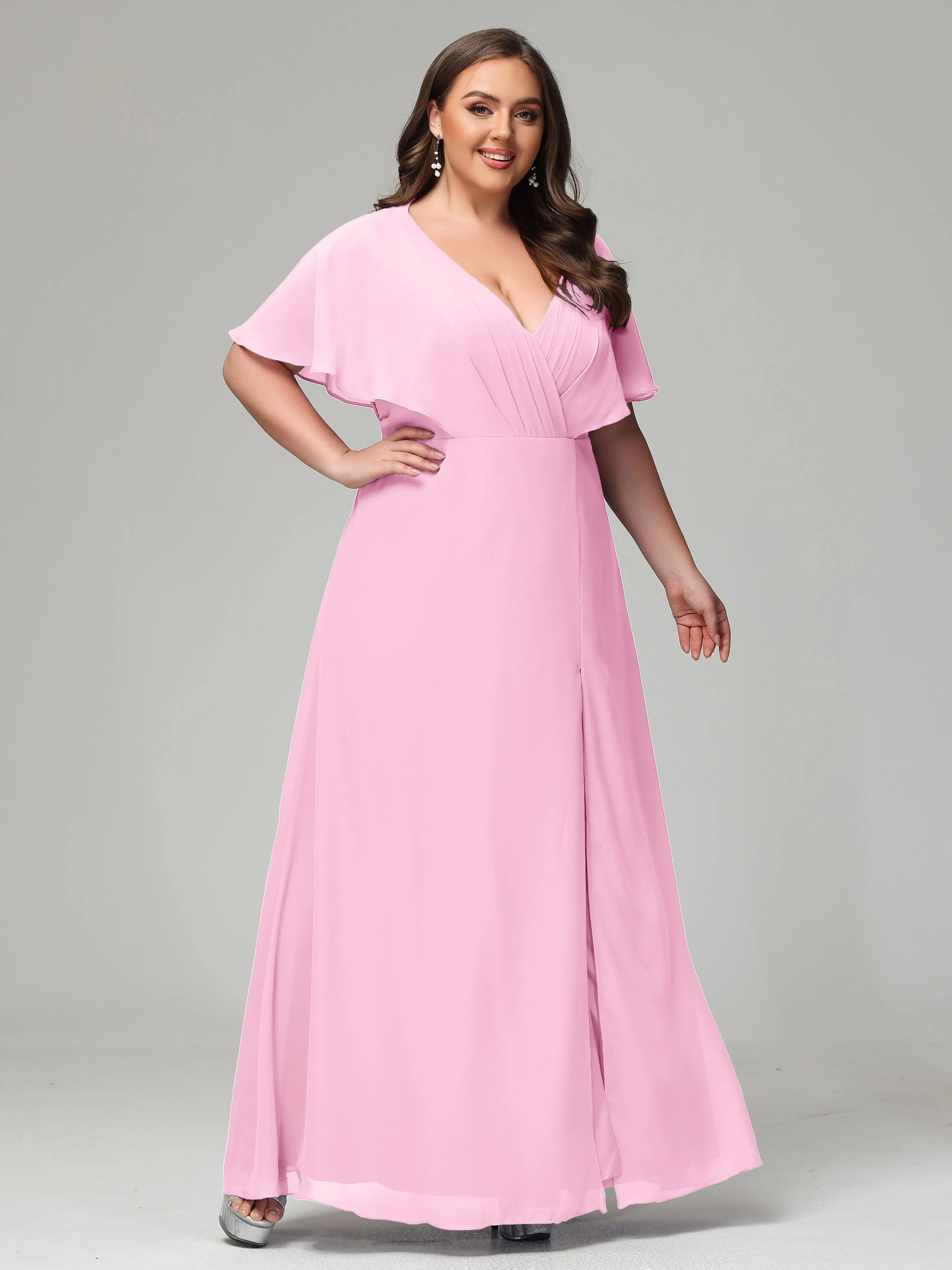 Short Sleeves Chiffon Split Long Plus Bridesmaid Dresses