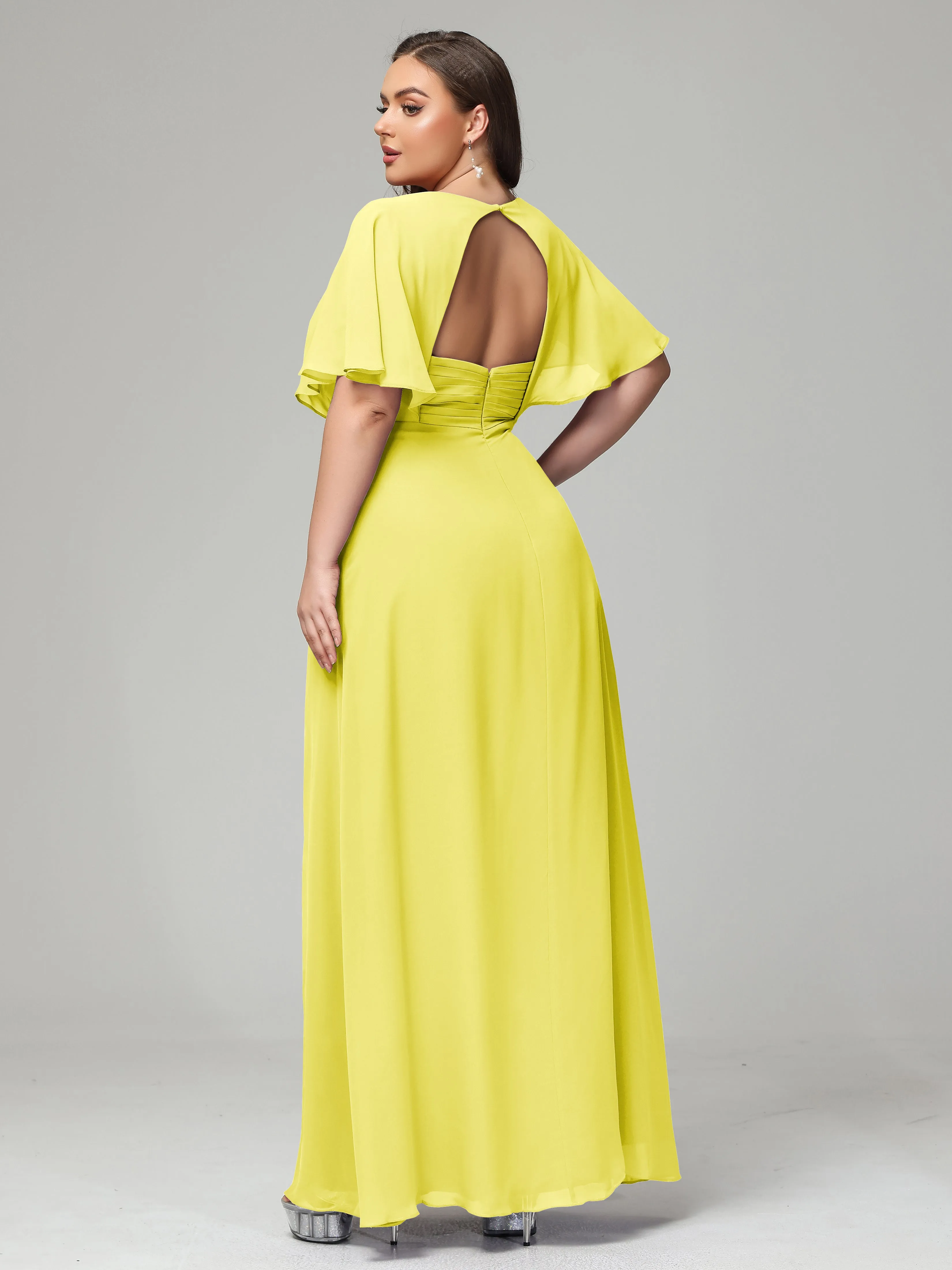 Short Sleeves Chiffon Split Long Plus Bridesmaid Dresses
