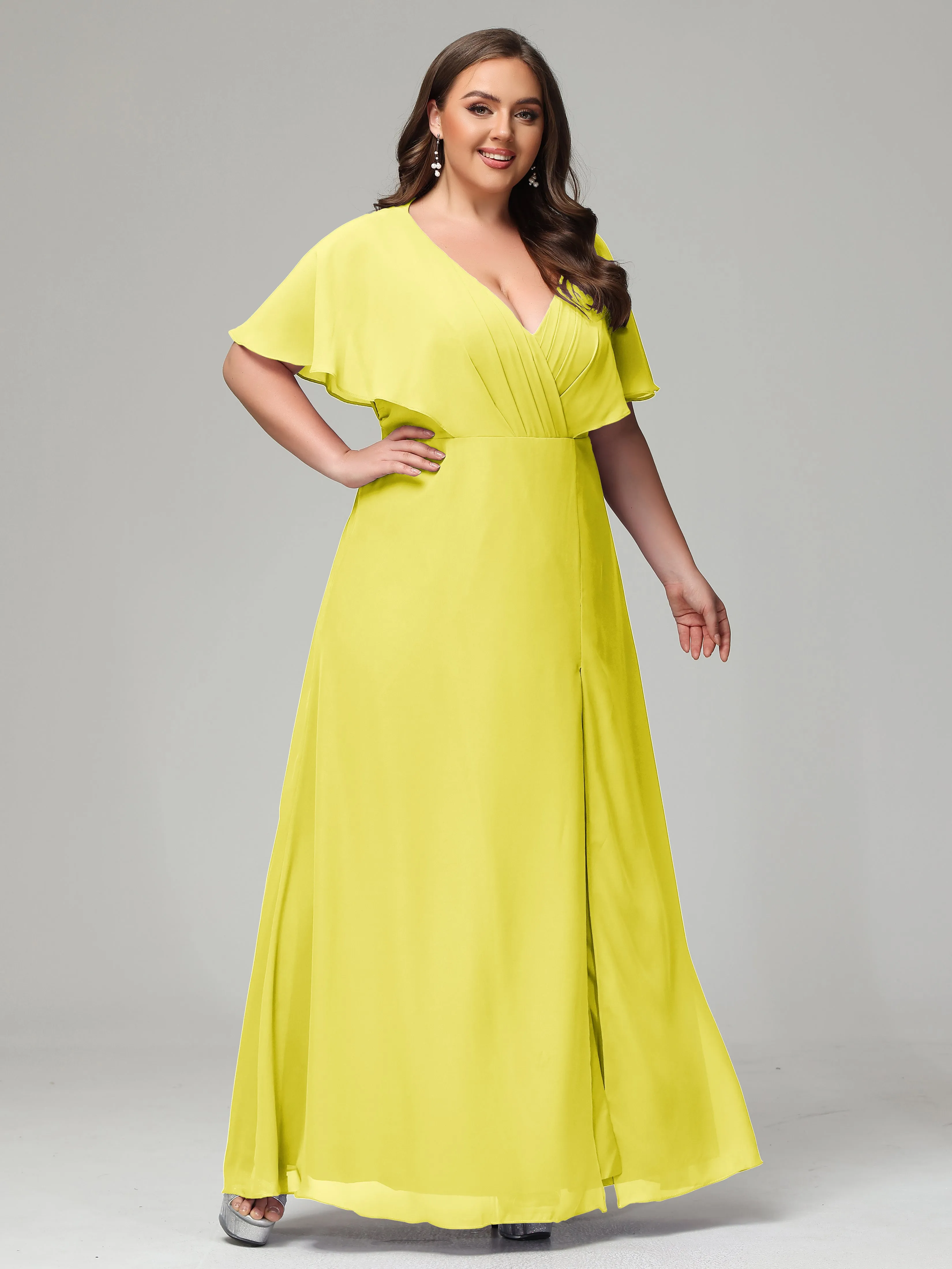 Short Sleeves Chiffon Split Long Plus Bridesmaid Dresses