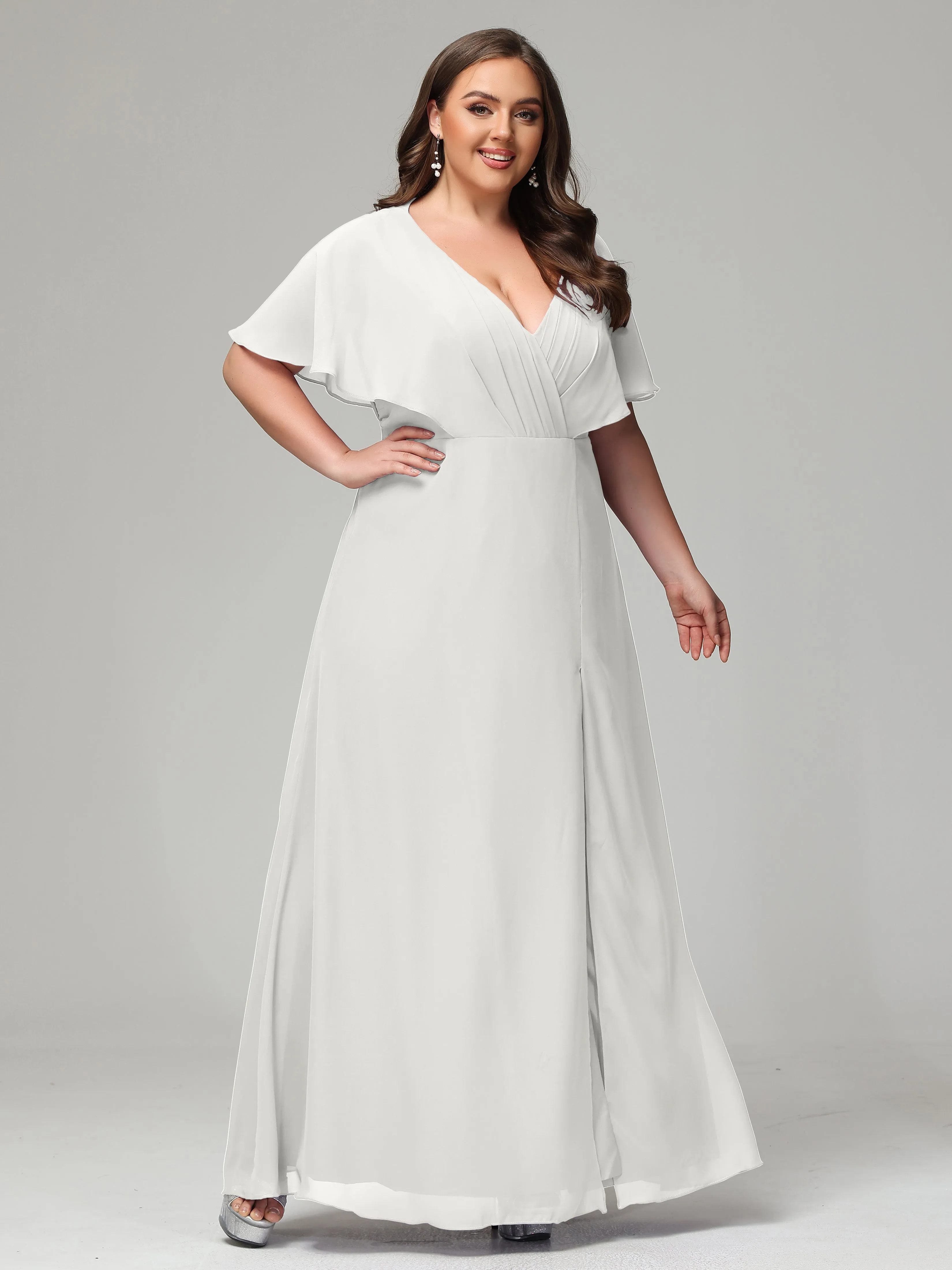 Short Sleeves Chiffon Split Long Plus Bridesmaid Dresses