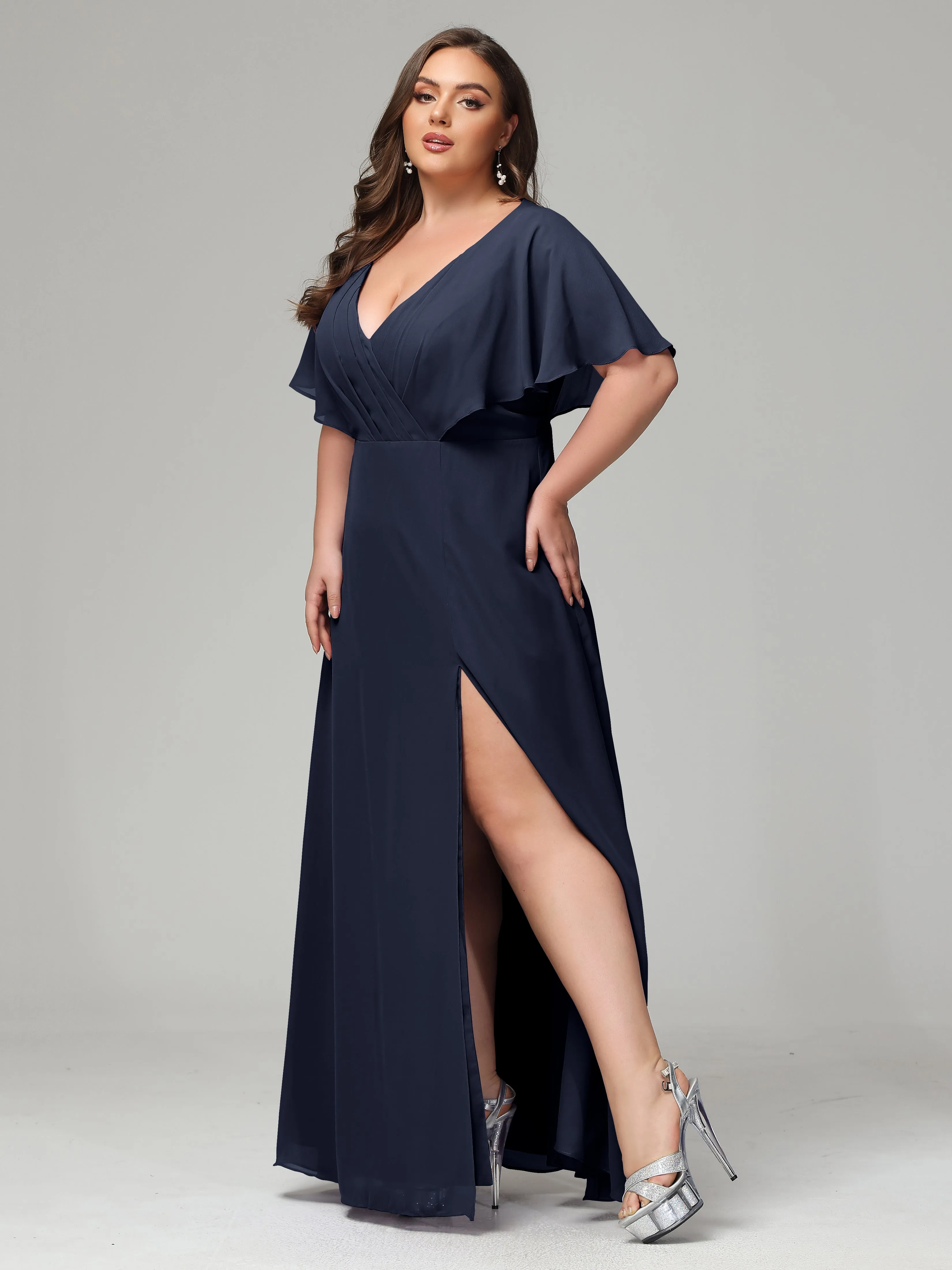 Short Sleeves Chiffon Split Long Plus Bridesmaid Dresses