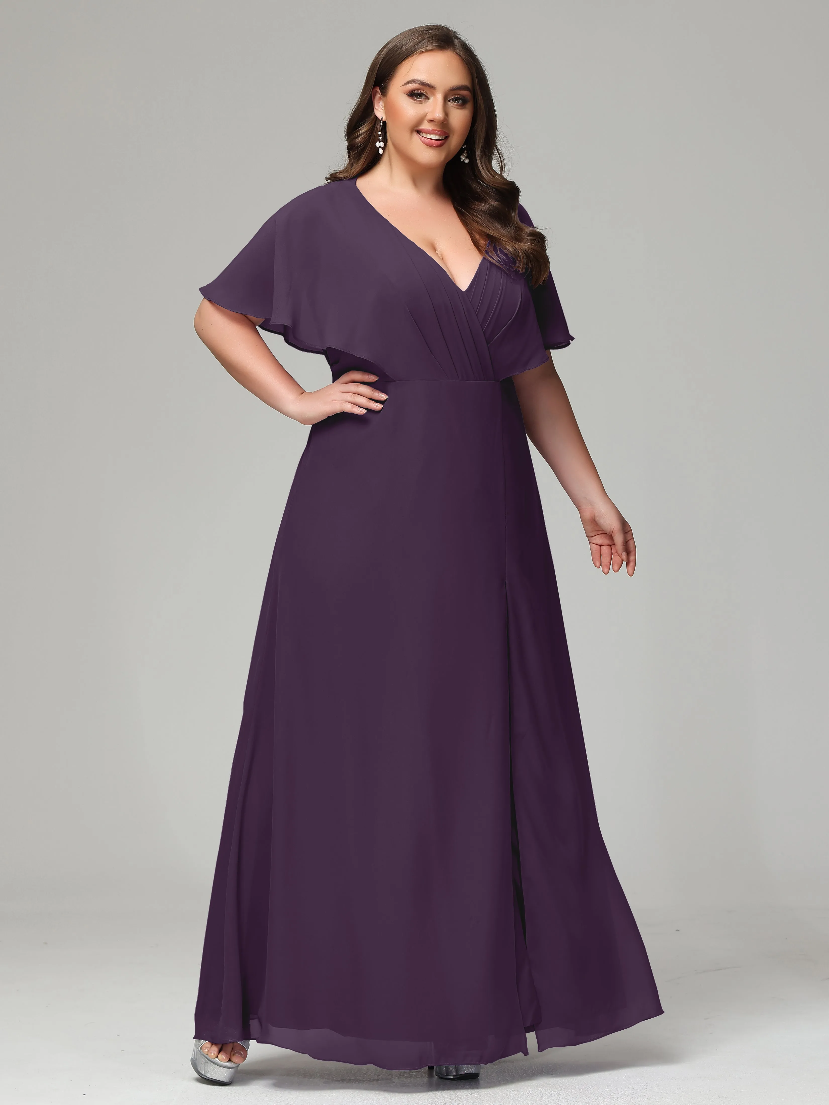 Short Sleeves Chiffon Split Long Plus Bridesmaid Dresses