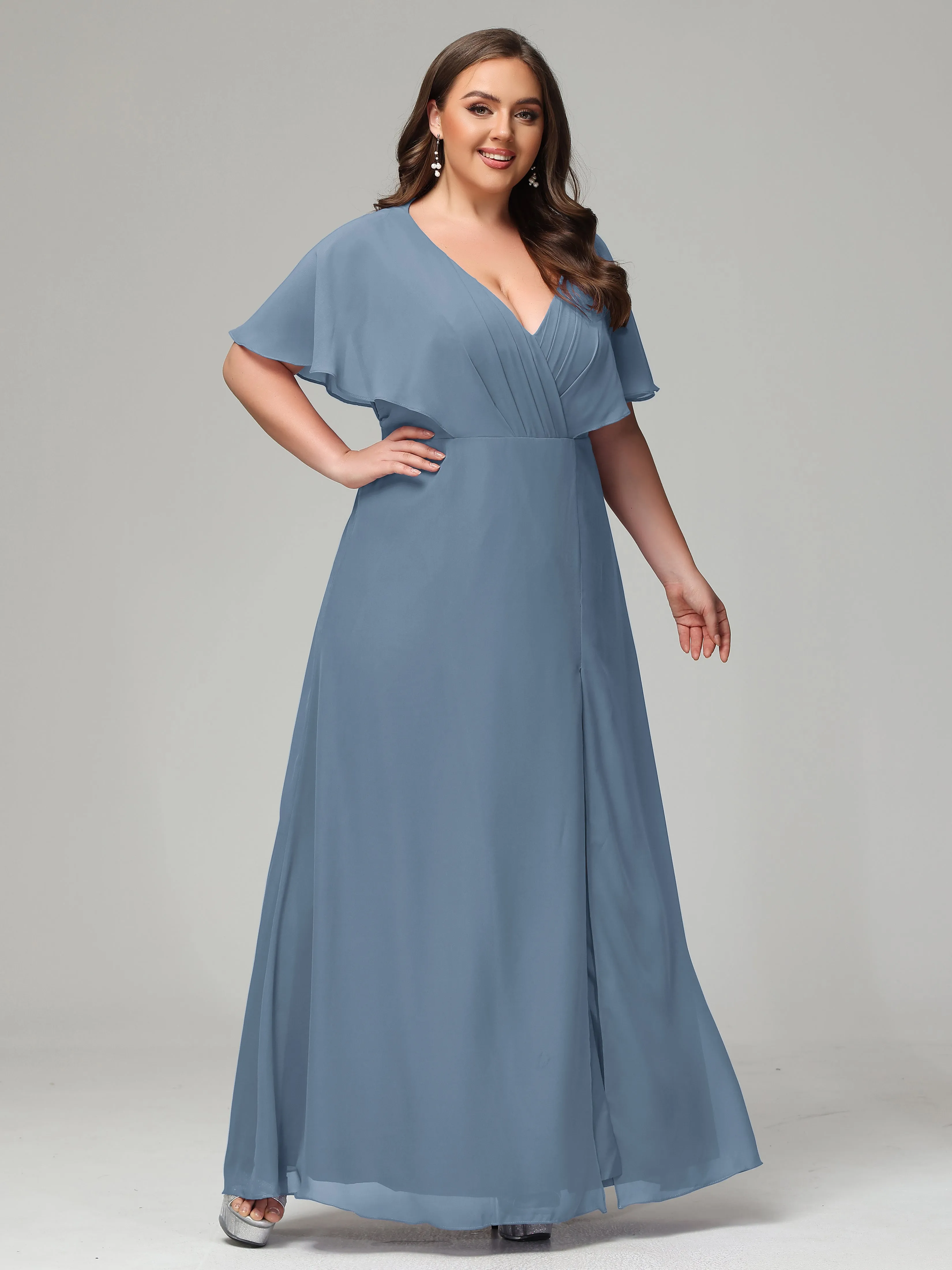 Short Sleeves Chiffon Split Long Plus Bridesmaid Dresses