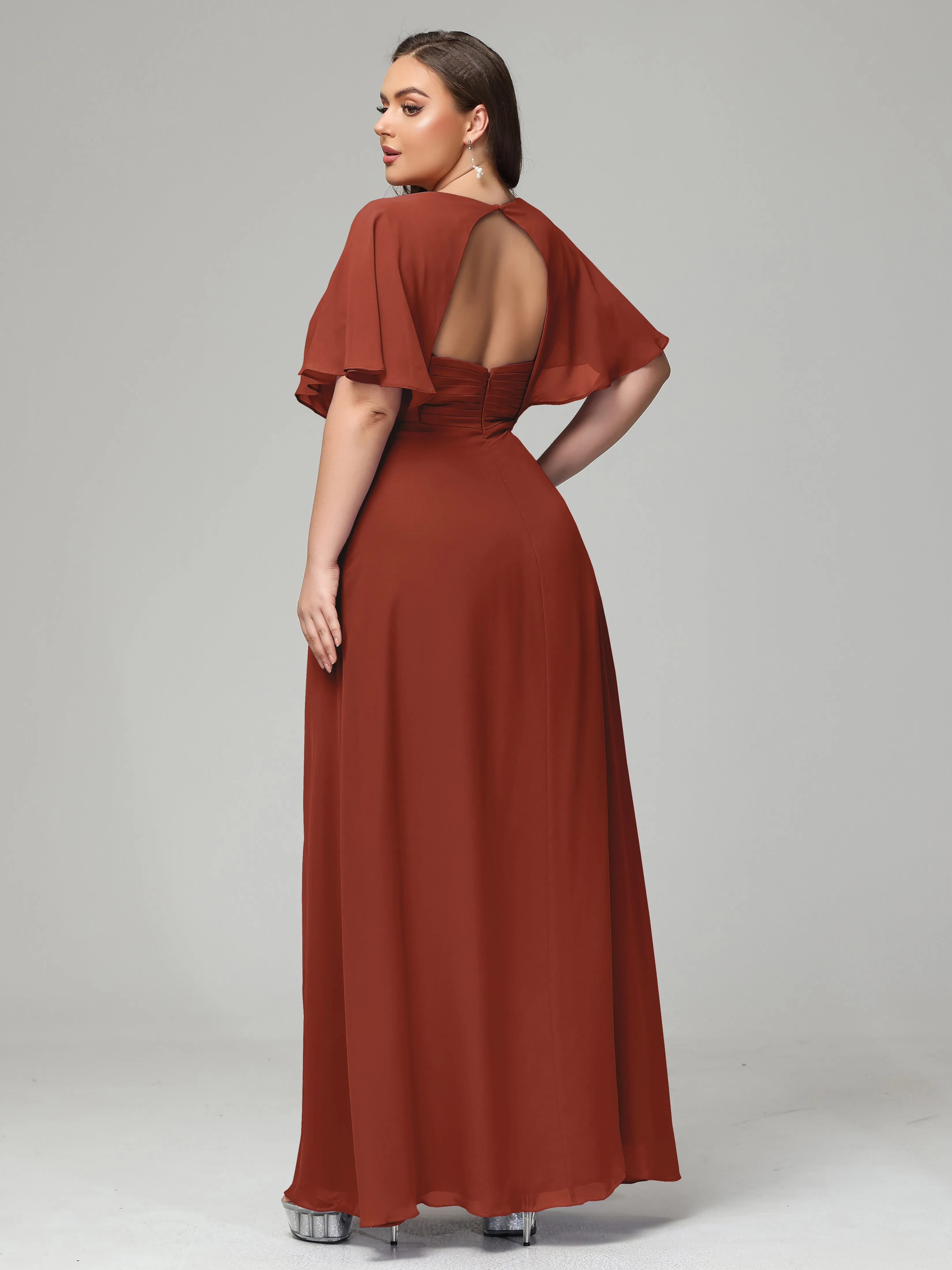 Short Sleeves Chiffon Split Long Plus Bridesmaid Dresses