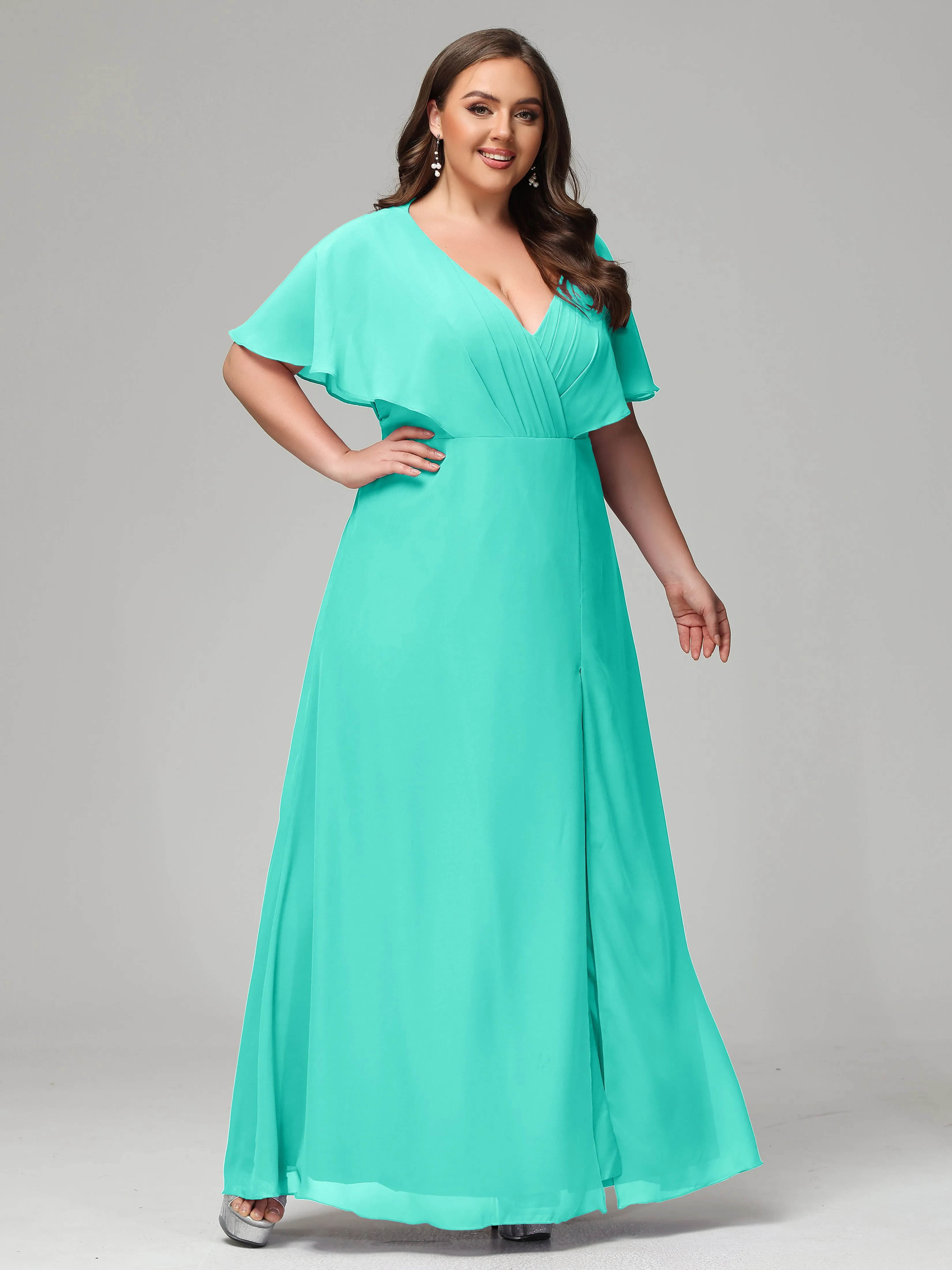 Short Sleeves Chiffon Split Long Plus Bridesmaid Dresses