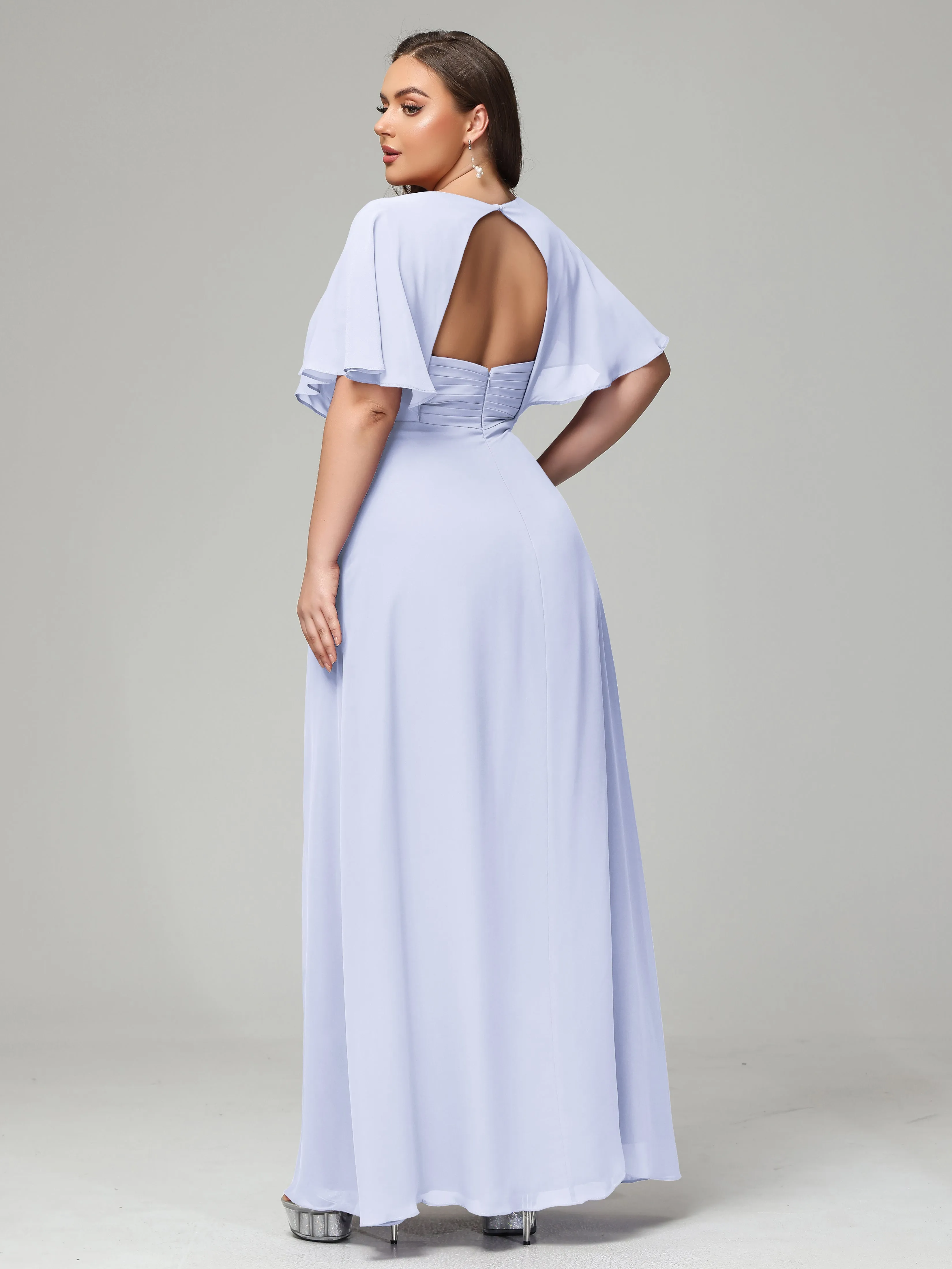 Short Sleeves Chiffon Split Long Plus Bridesmaid Dresses