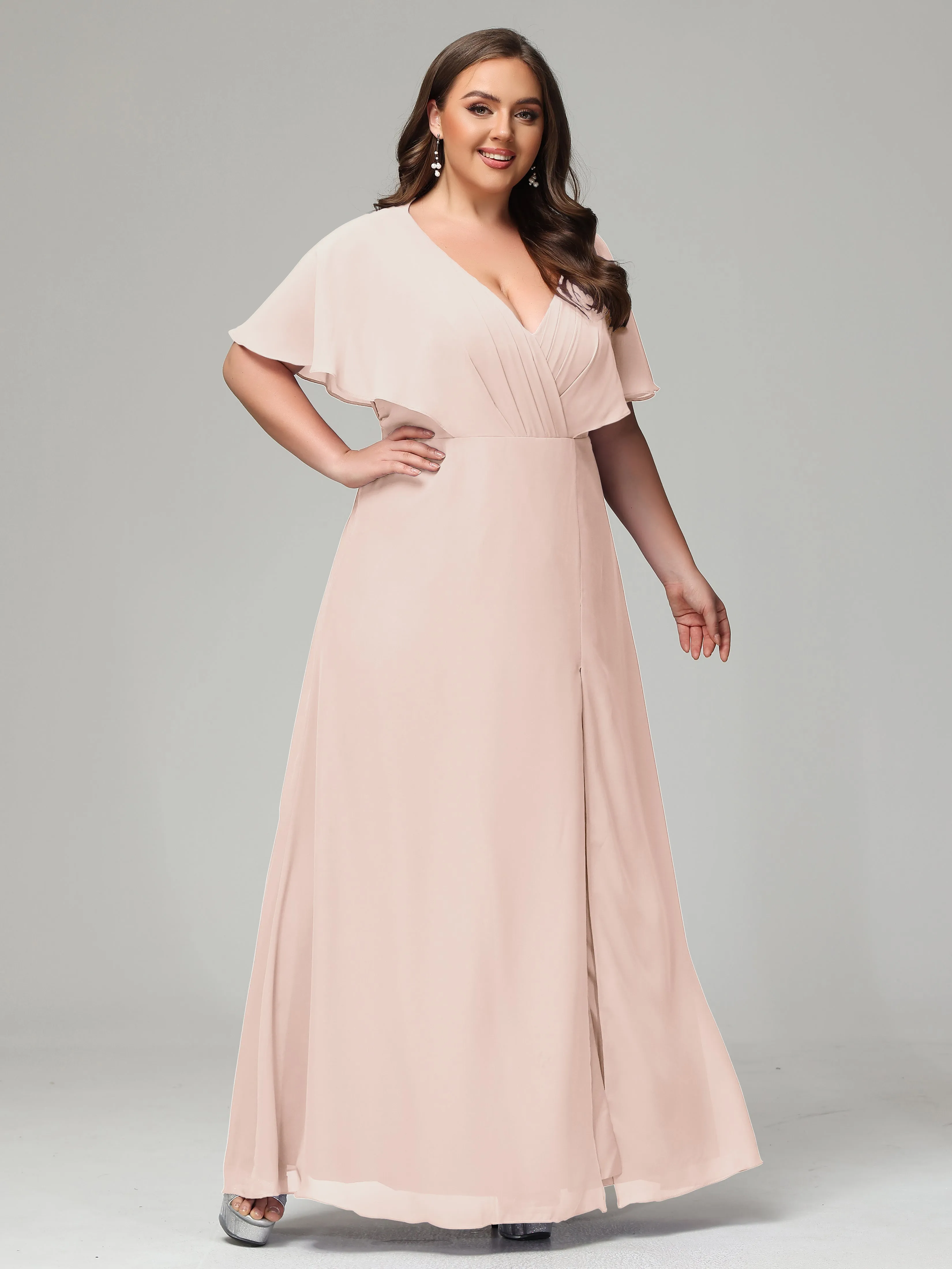 Short Sleeves Chiffon Split Long Plus Bridesmaid Dresses
