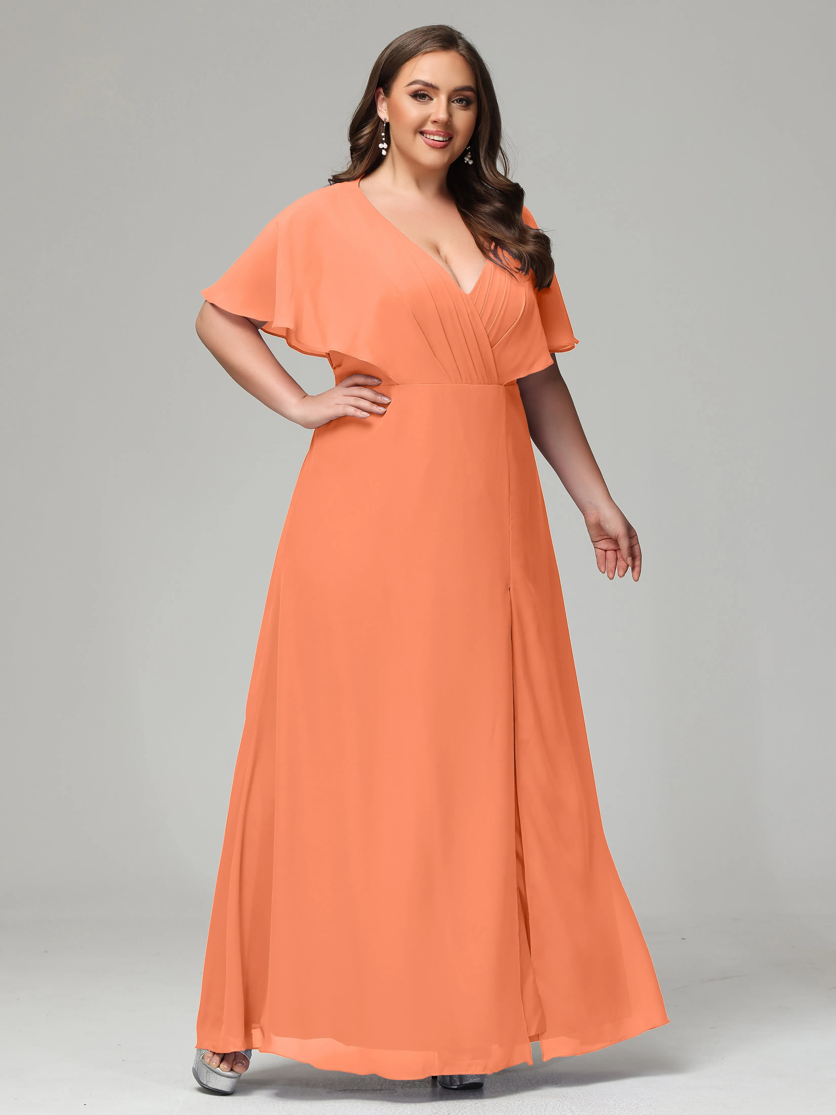 Short Sleeves Chiffon Split Long Plus Bridesmaid Dresses