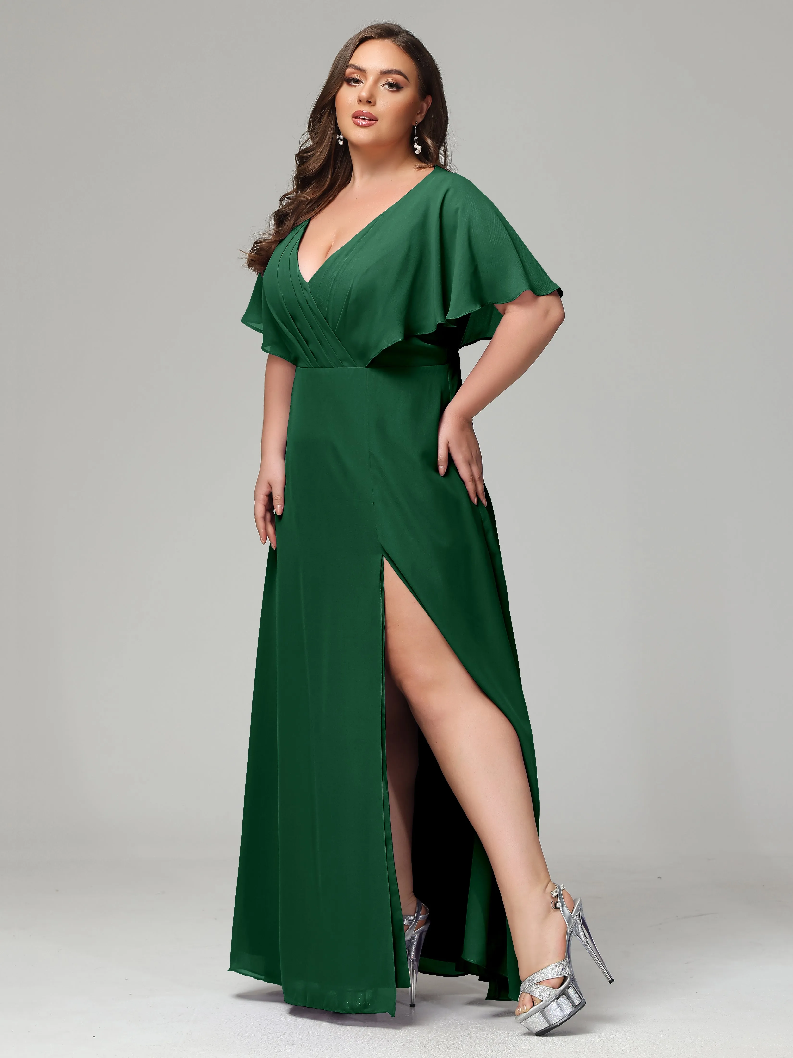 Short Sleeves Chiffon Split Long Plus Bridesmaid Dresses