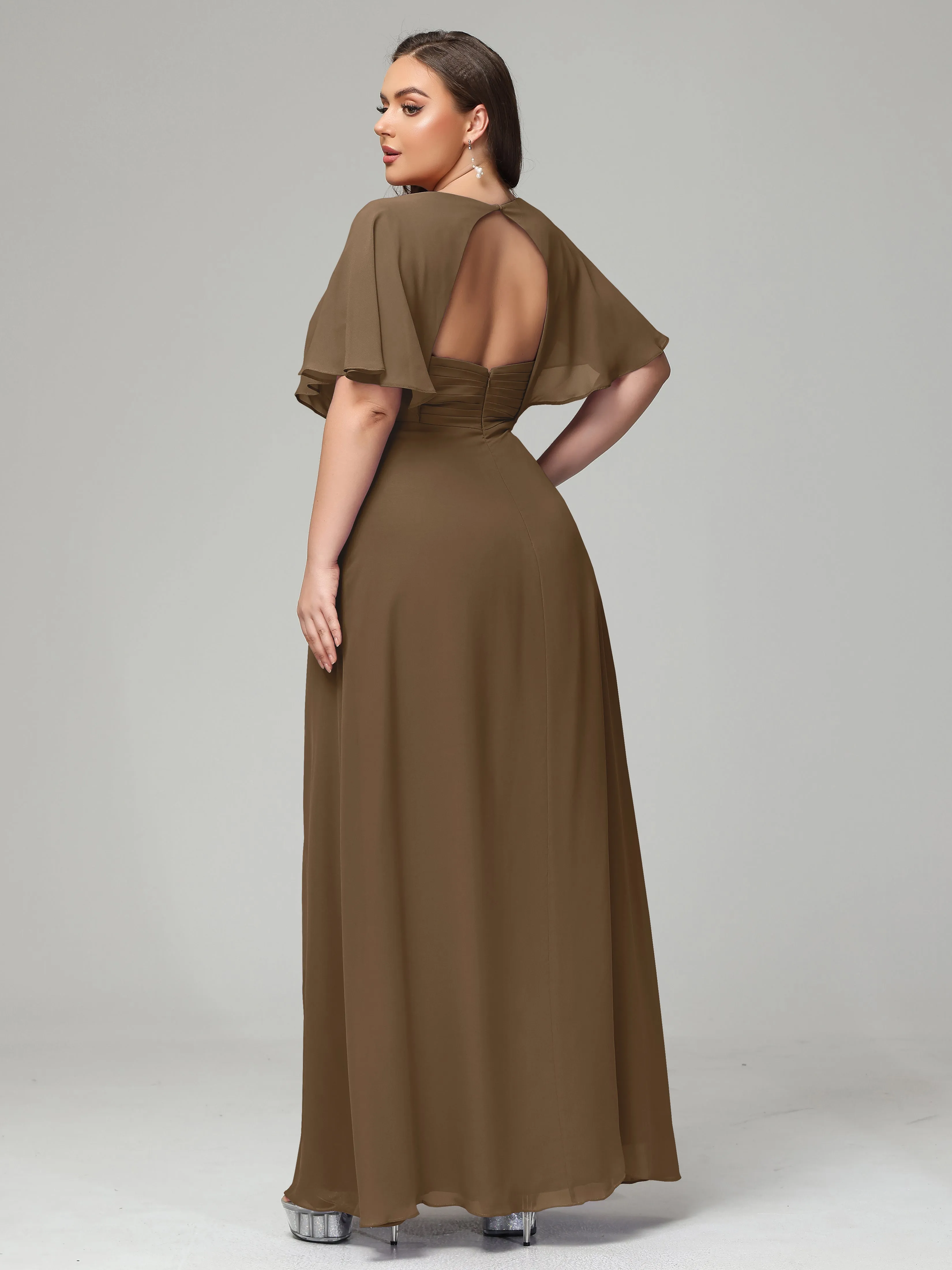 Short Sleeves Chiffon Split Long Plus Bridesmaid Dresses