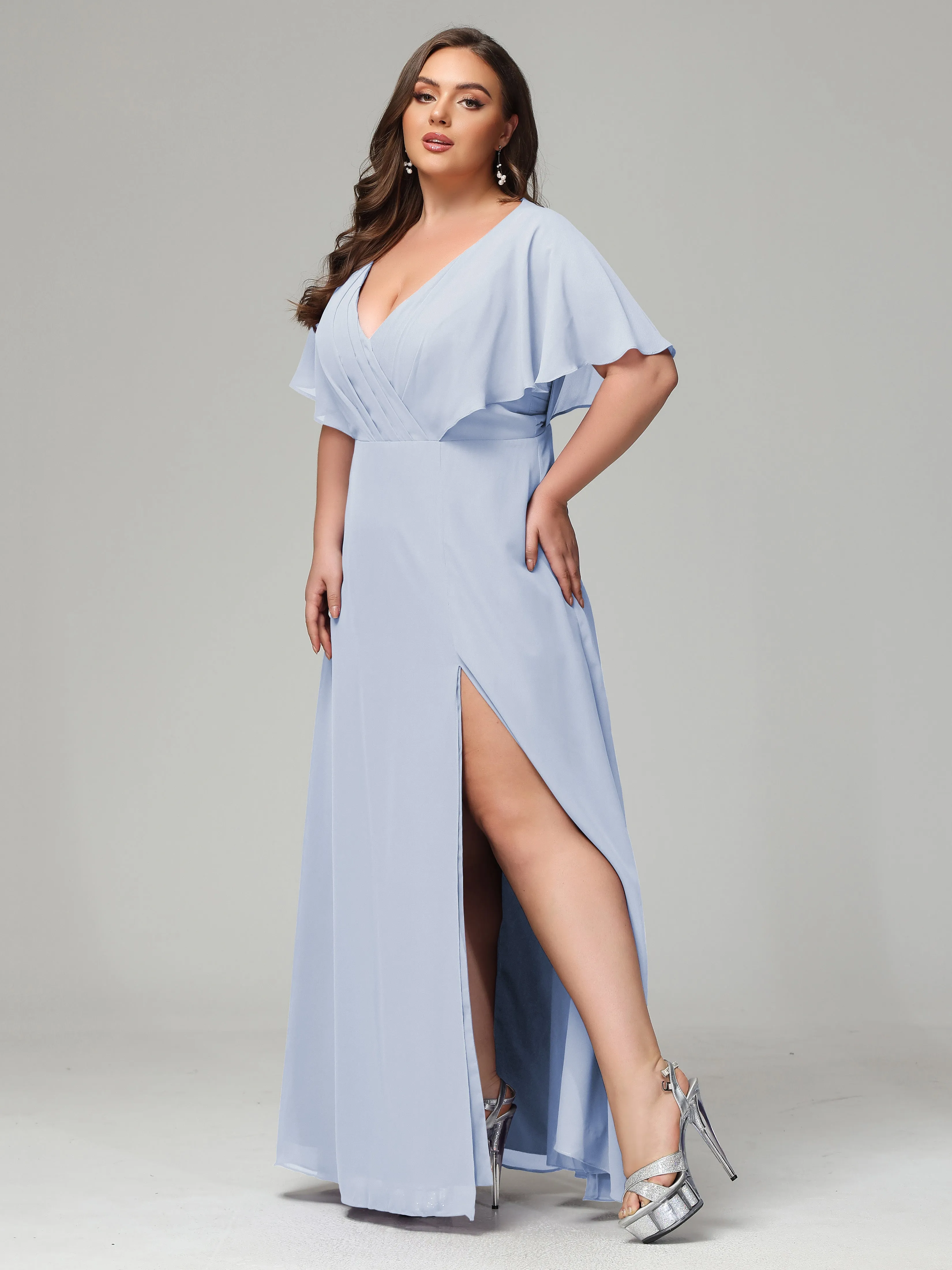 Short Sleeves Chiffon Split Long Plus Bridesmaid Dresses