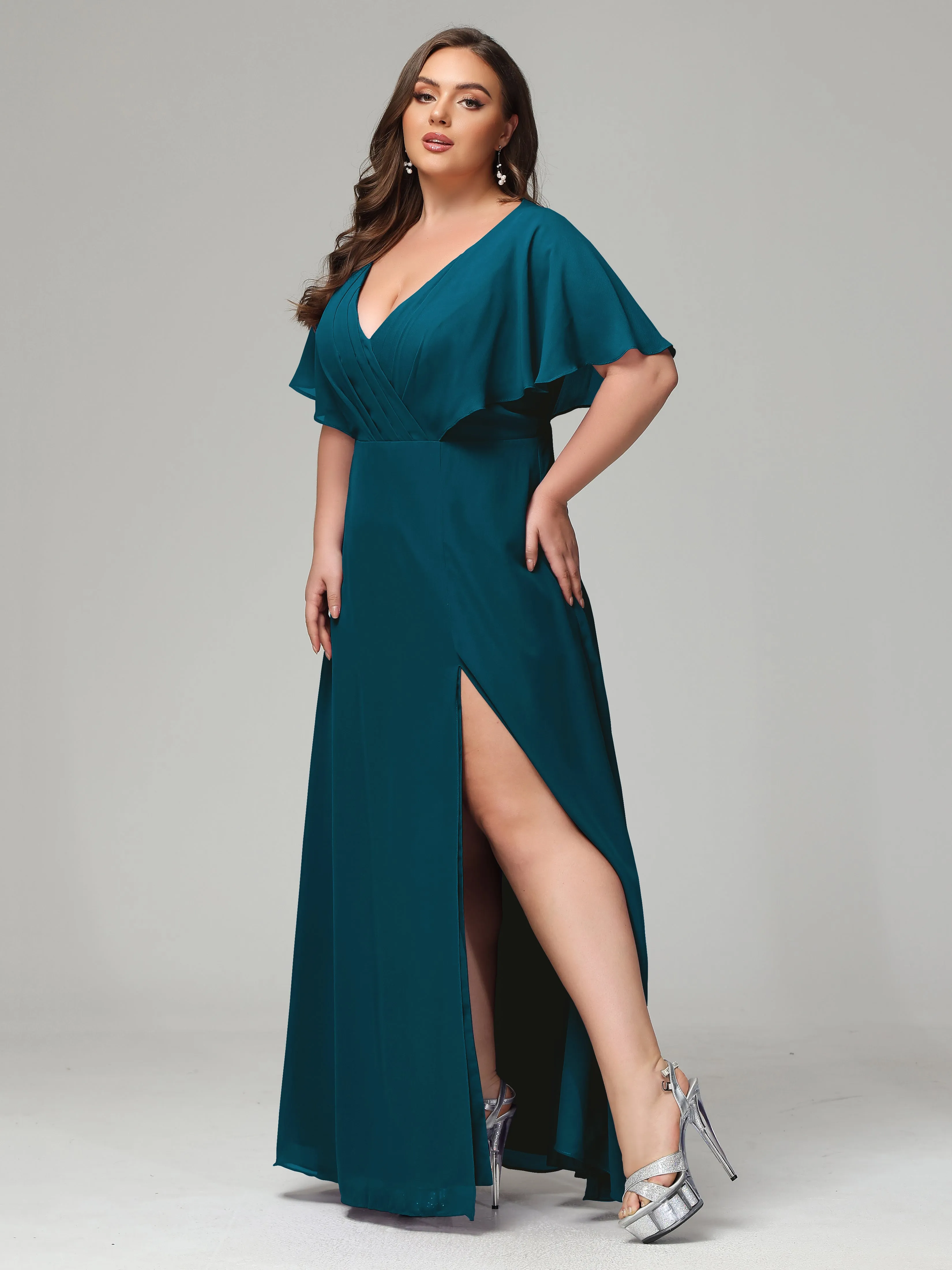 Short Sleeves Chiffon Split Long Plus Bridesmaid Dresses