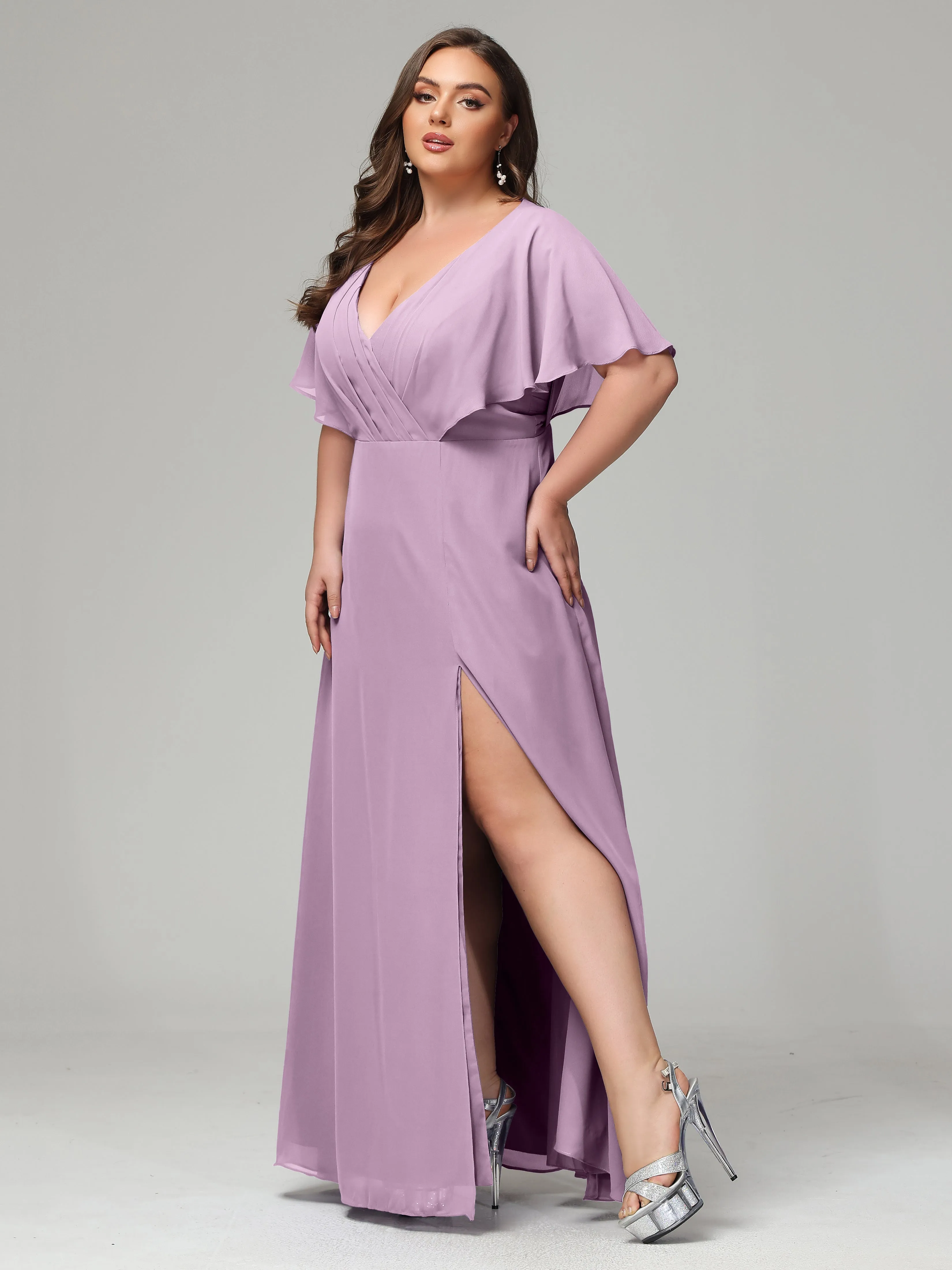 Short Sleeves Chiffon Split Long Plus Bridesmaid Dresses