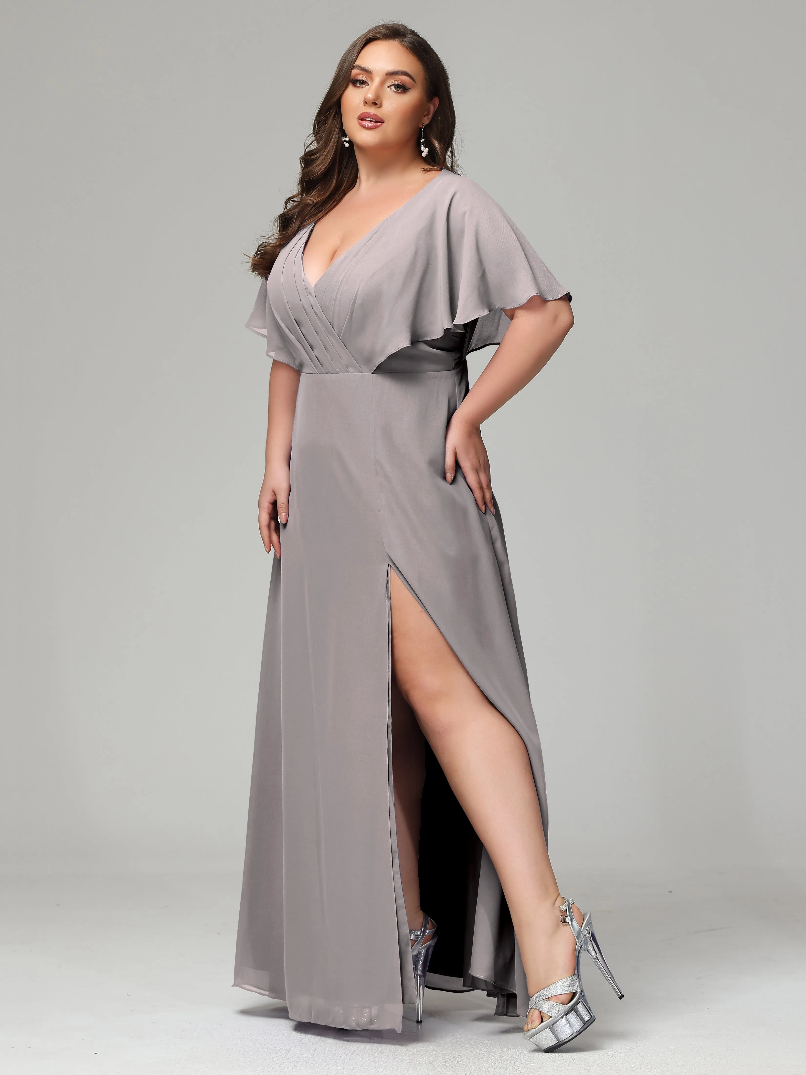 Short Sleeves Chiffon Split Long Plus Bridesmaid Dresses
