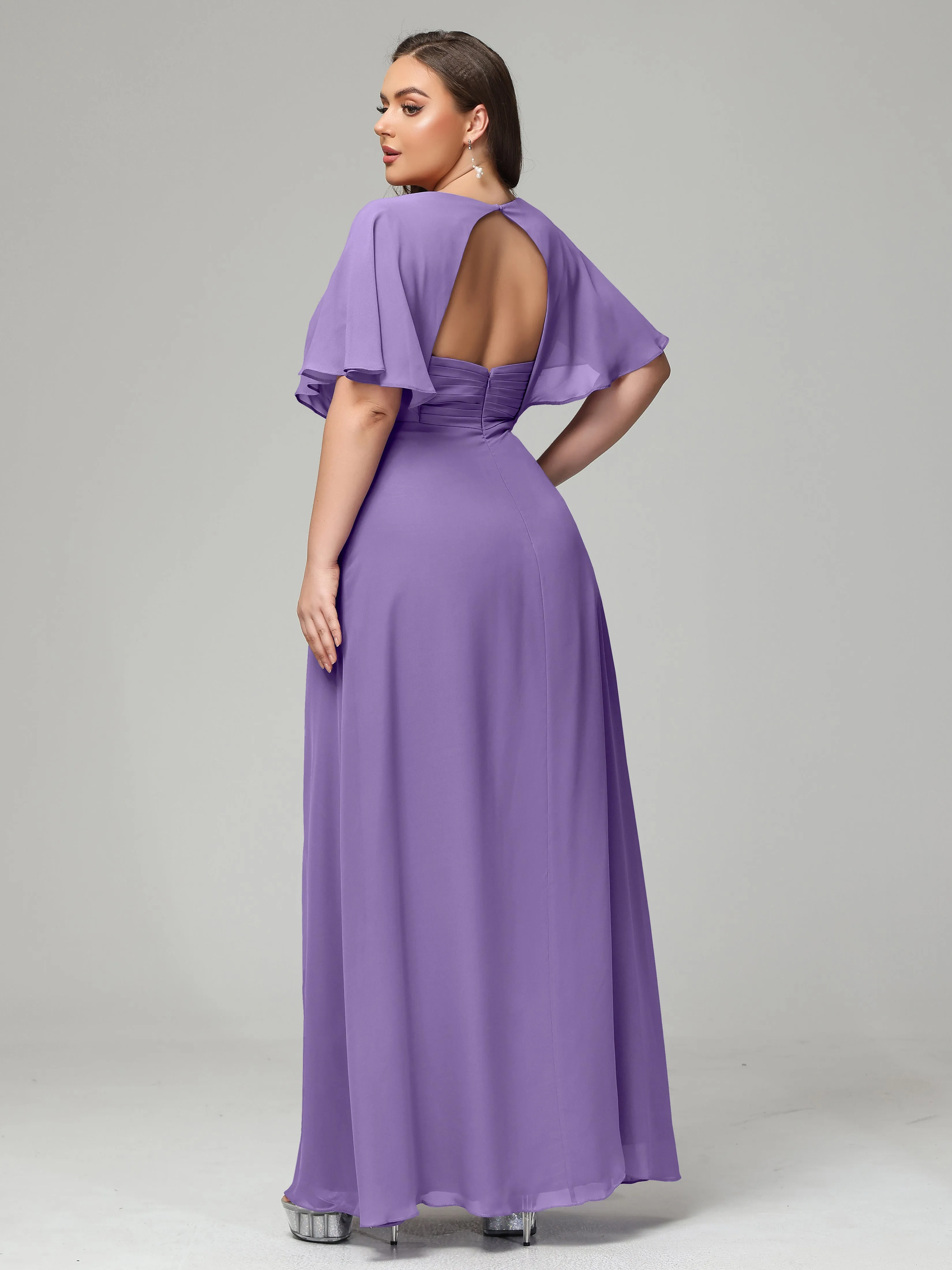 Short Sleeves Chiffon Split Long Plus Bridesmaid Dresses