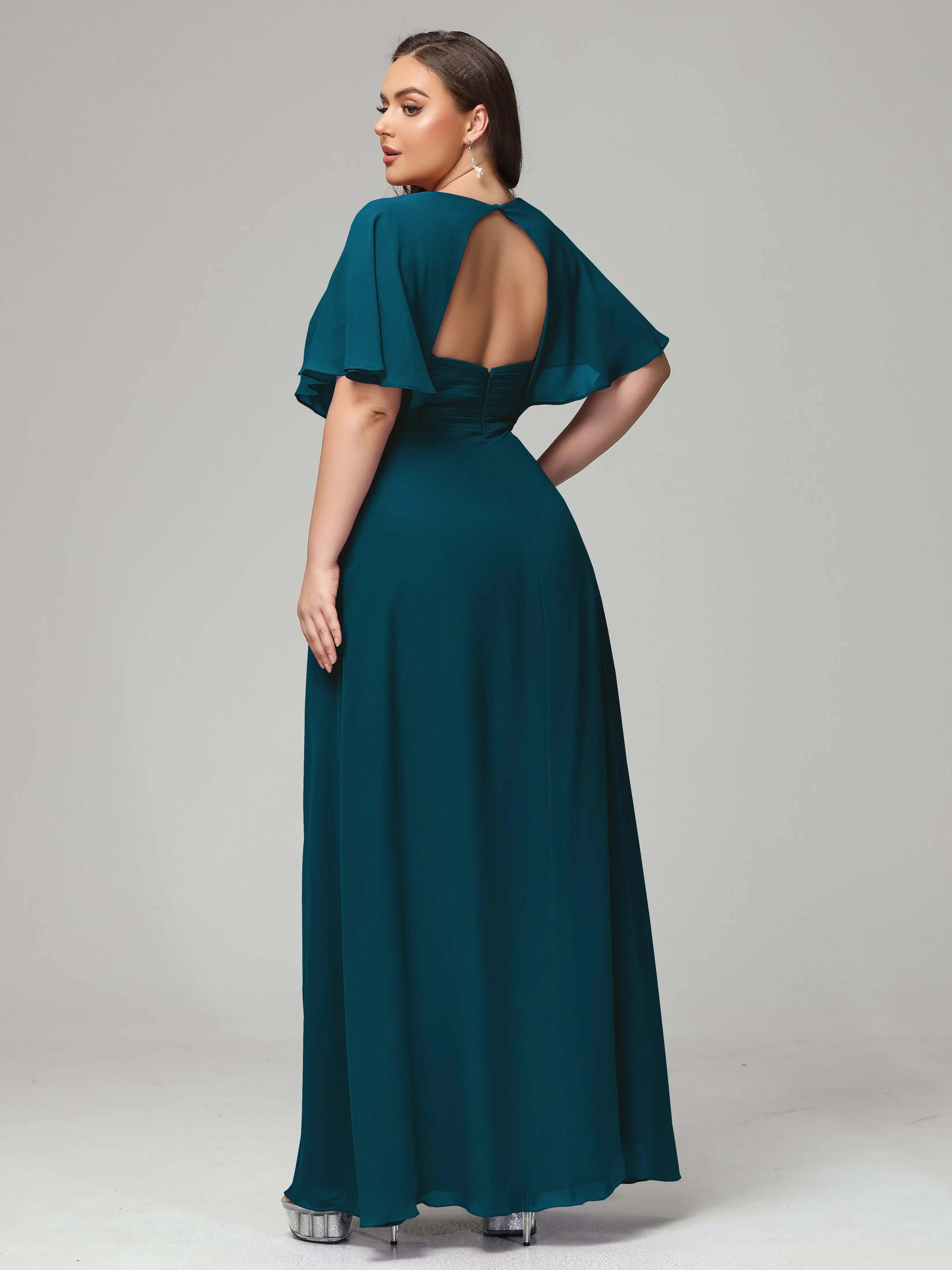 Short Sleeves Chiffon Split Long Plus Bridesmaid Dresses