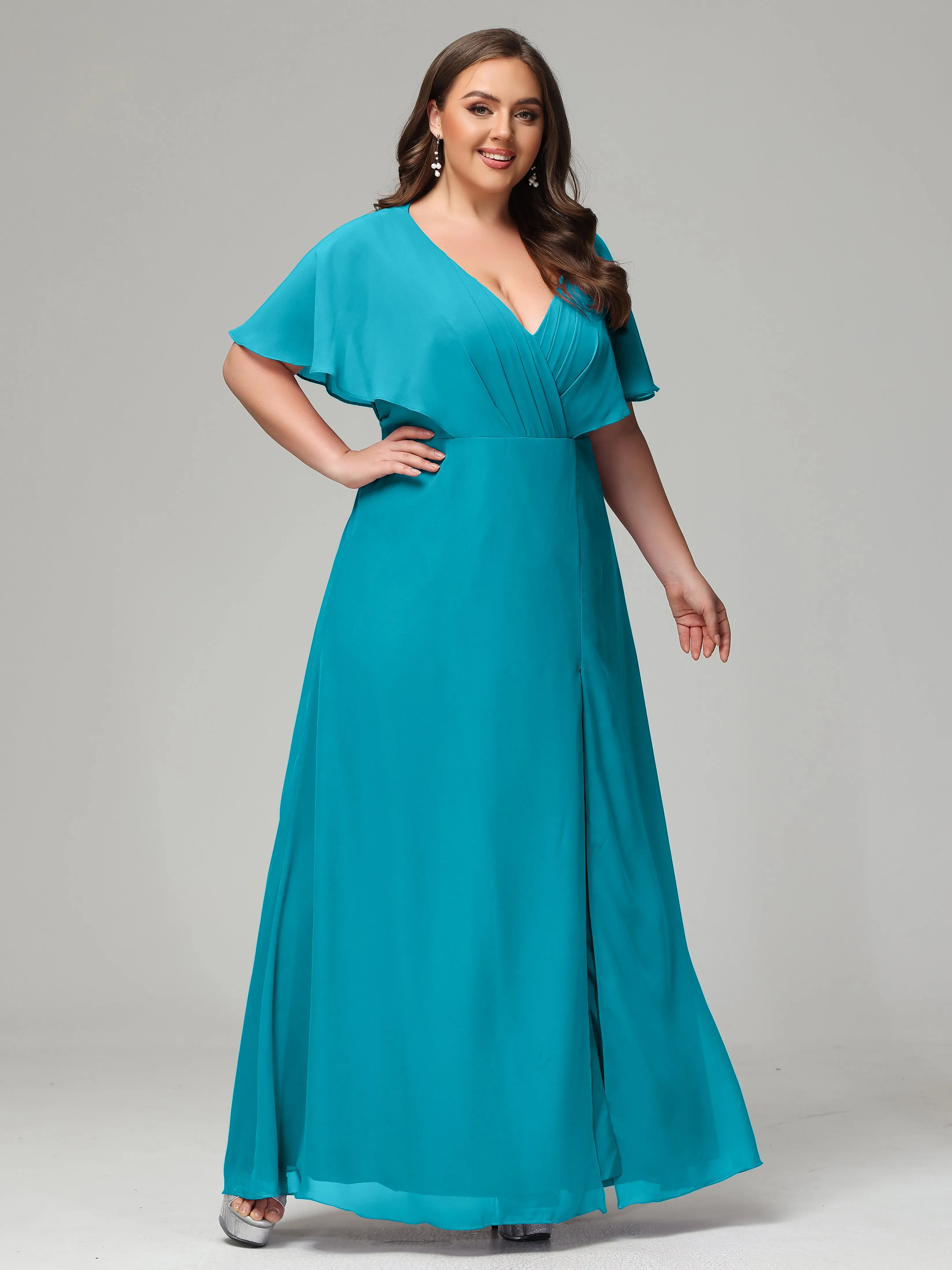 Short Sleeves Chiffon Split Long Plus Bridesmaid Dresses