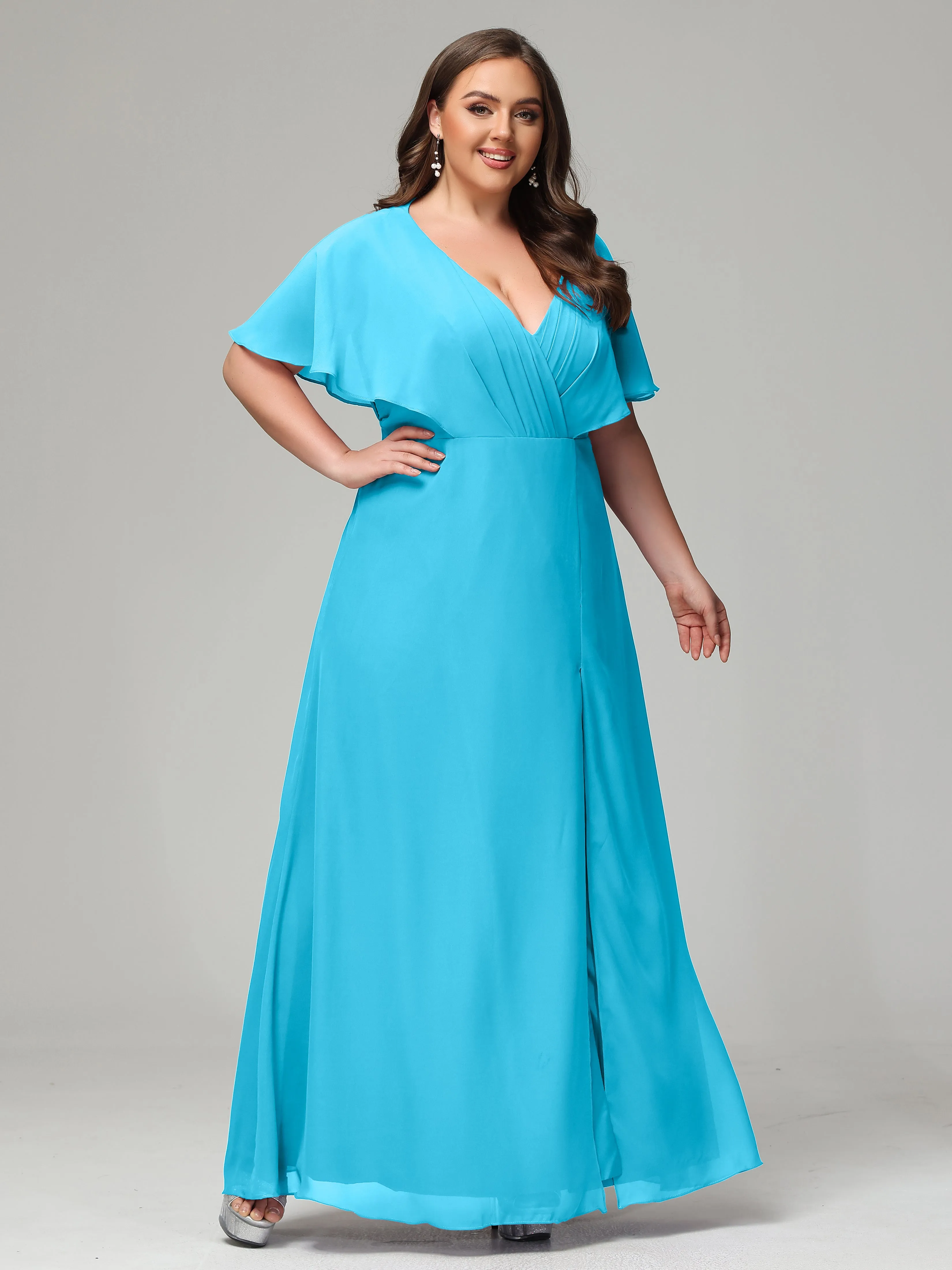 Short Sleeves Chiffon Split Long Plus Bridesmaid Dresses