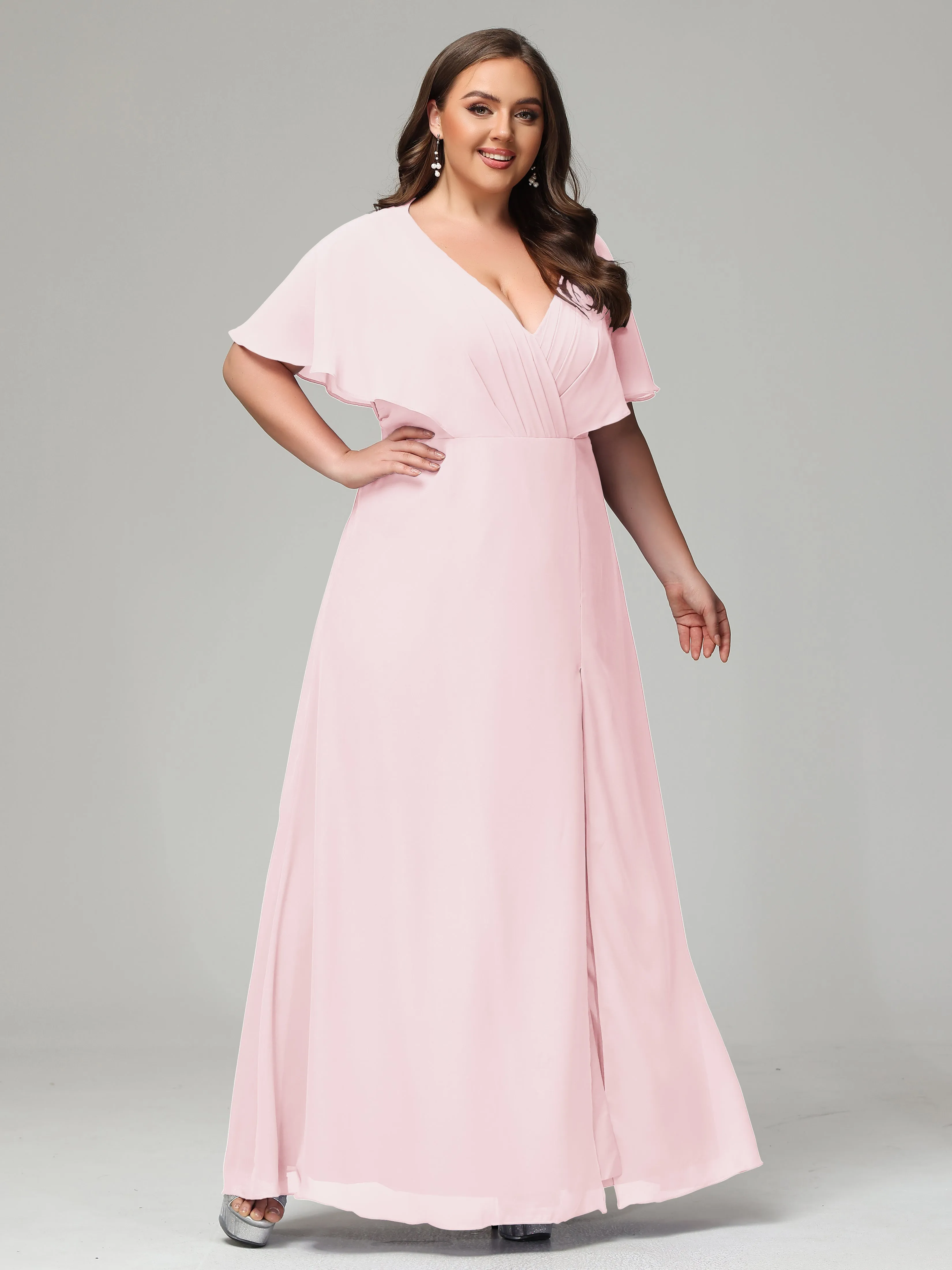 Short Sleeves Chiffon Split Long Plus Bridesmaid Dresses