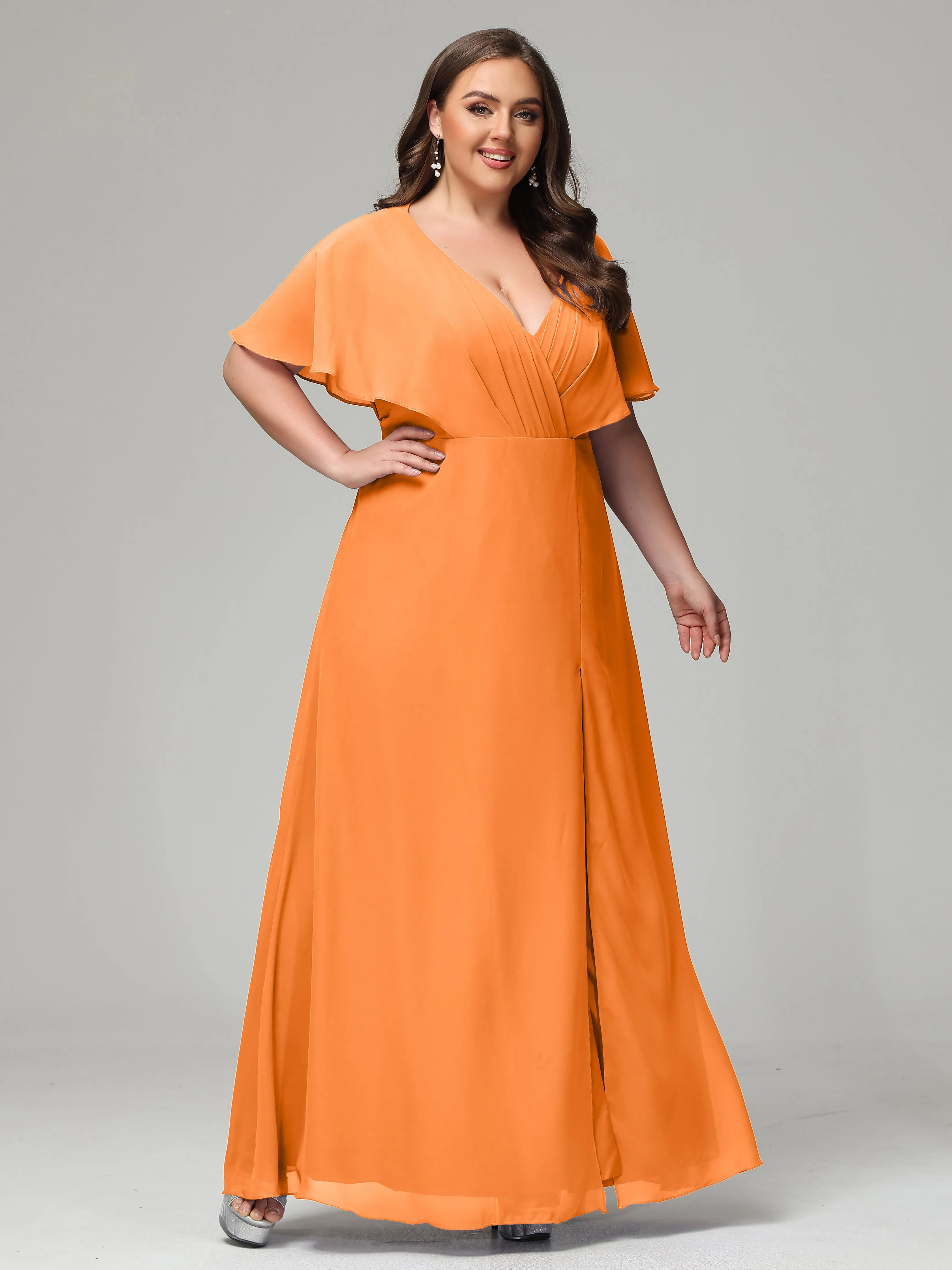 Short Sleeves Chiffon Split Long Plus Bridesmaid Dresses