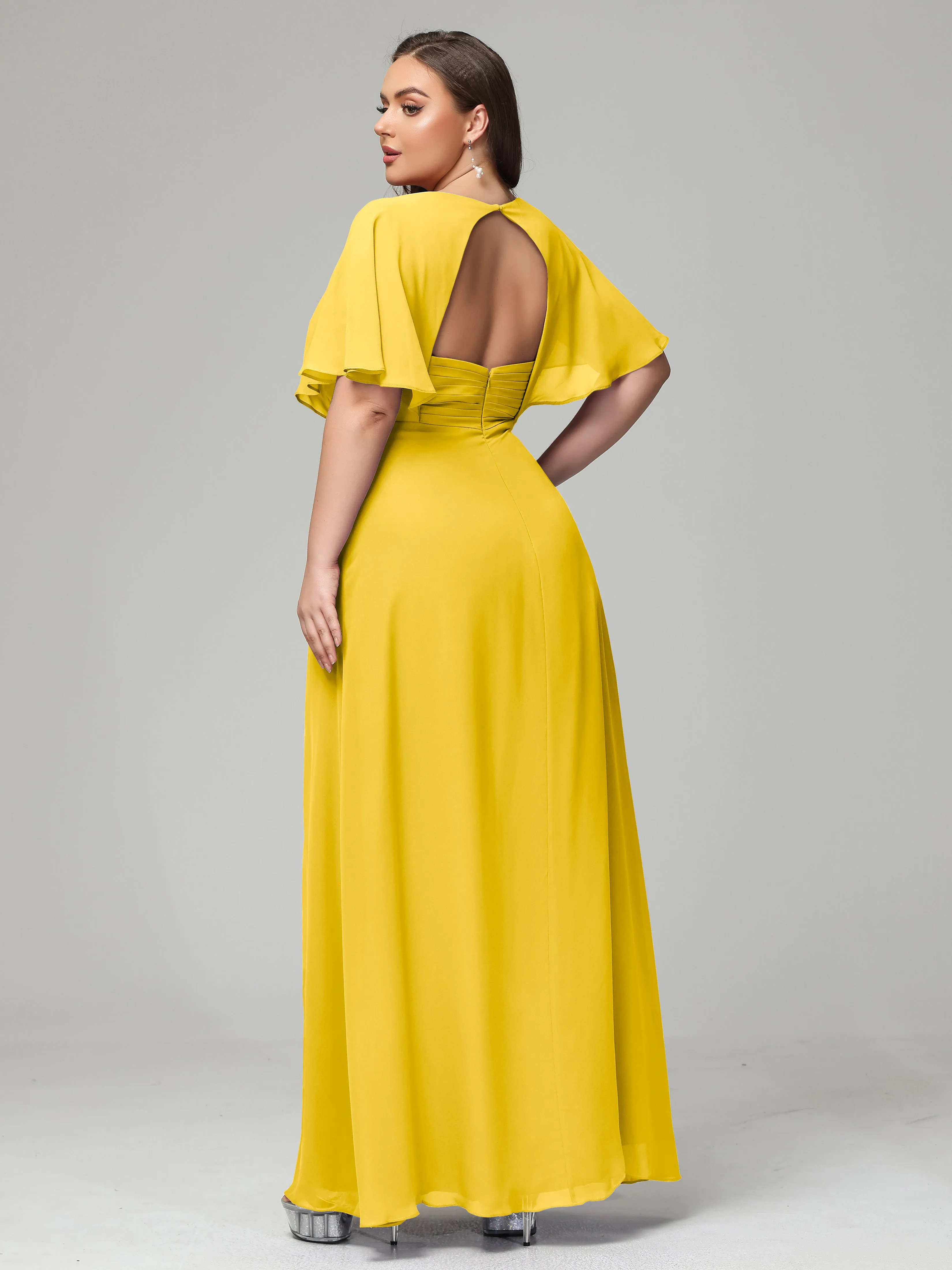 Short Sleeves Chiffon Split Long Plus Bridesmaid Dresses