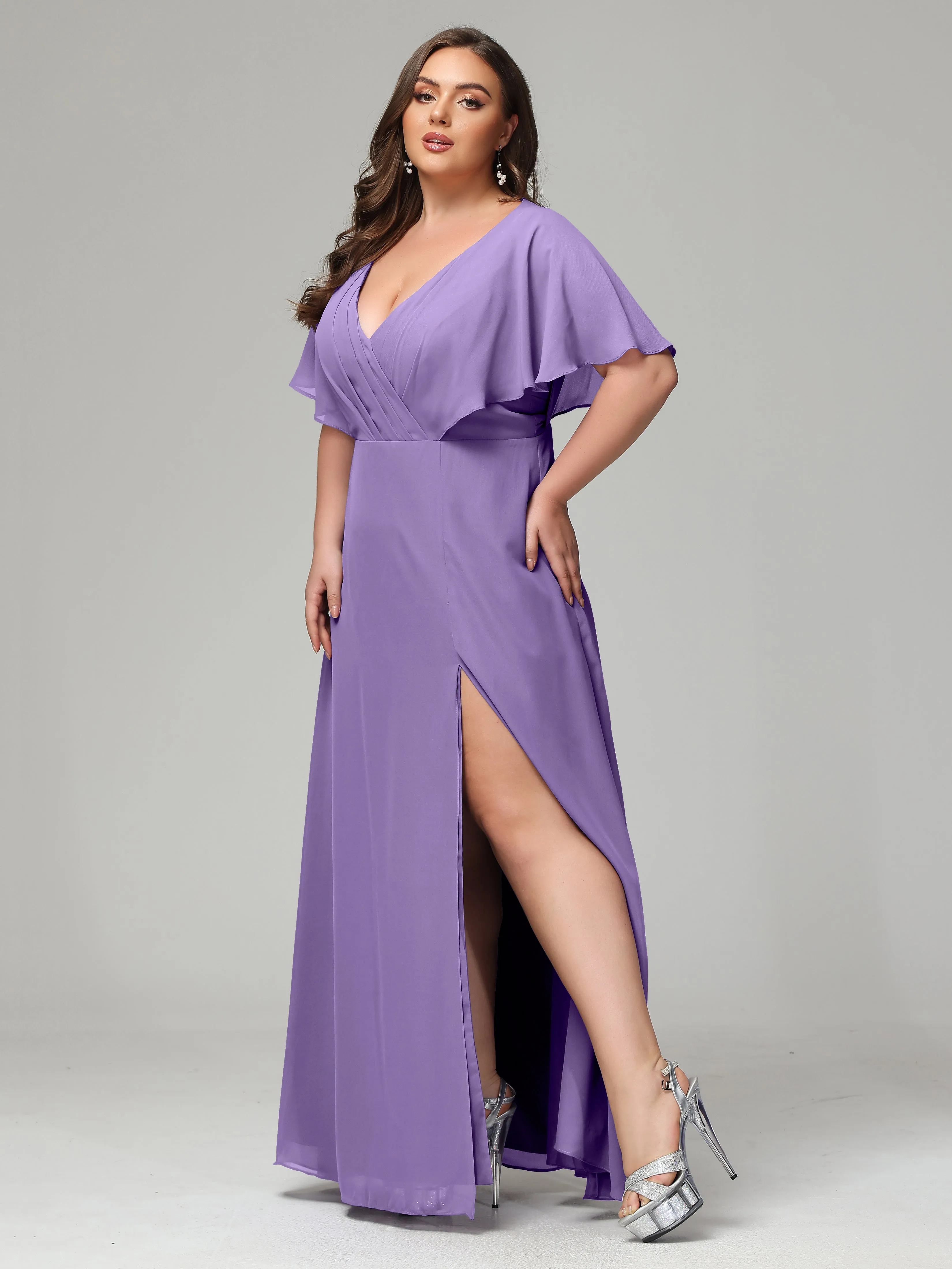 Short Sleeves Chiffon Split Long Plus Bridesmaid Dresses