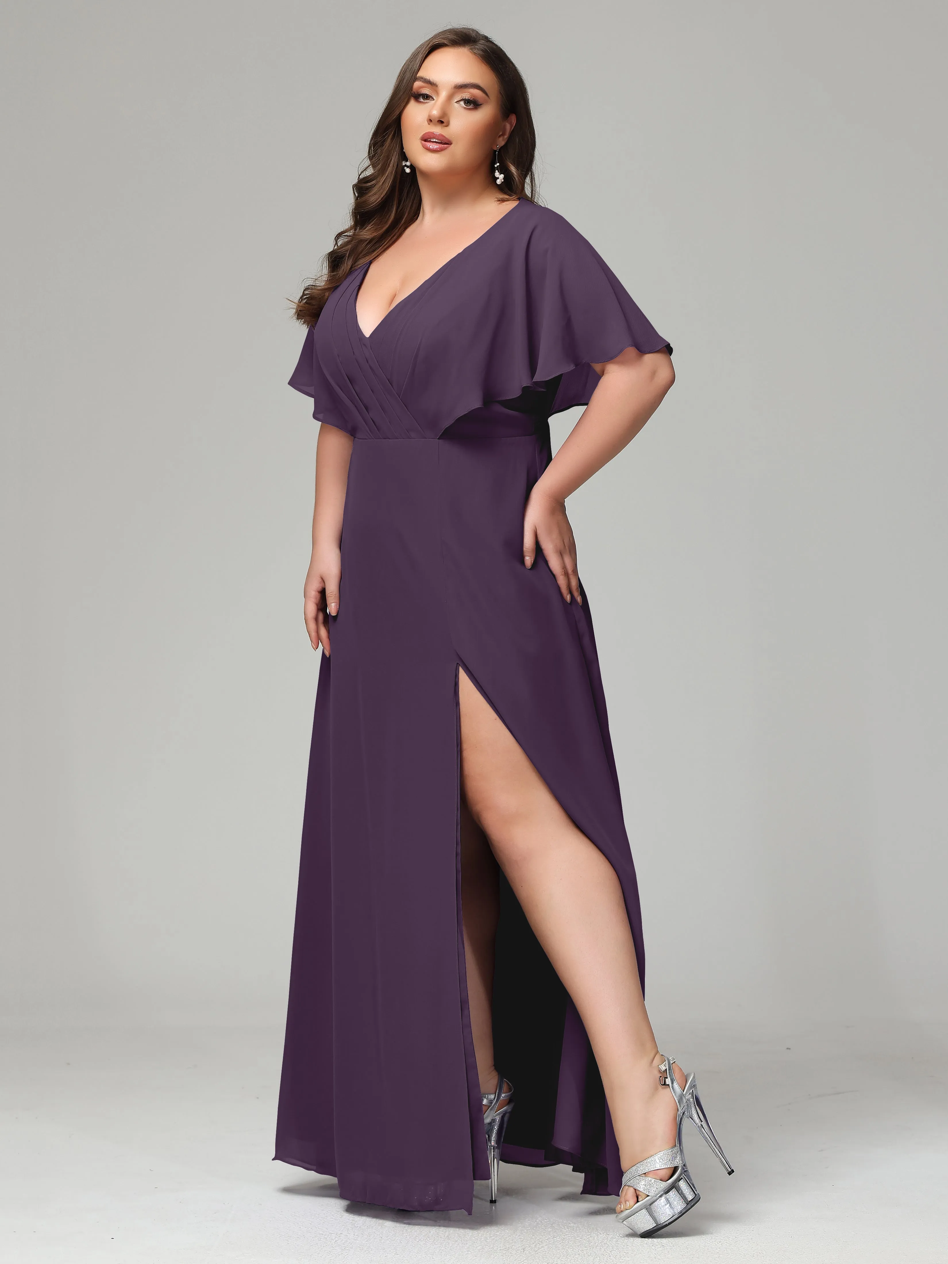 Short Sleeves Chiffon Split Long Plus Bridesmaid Dresses