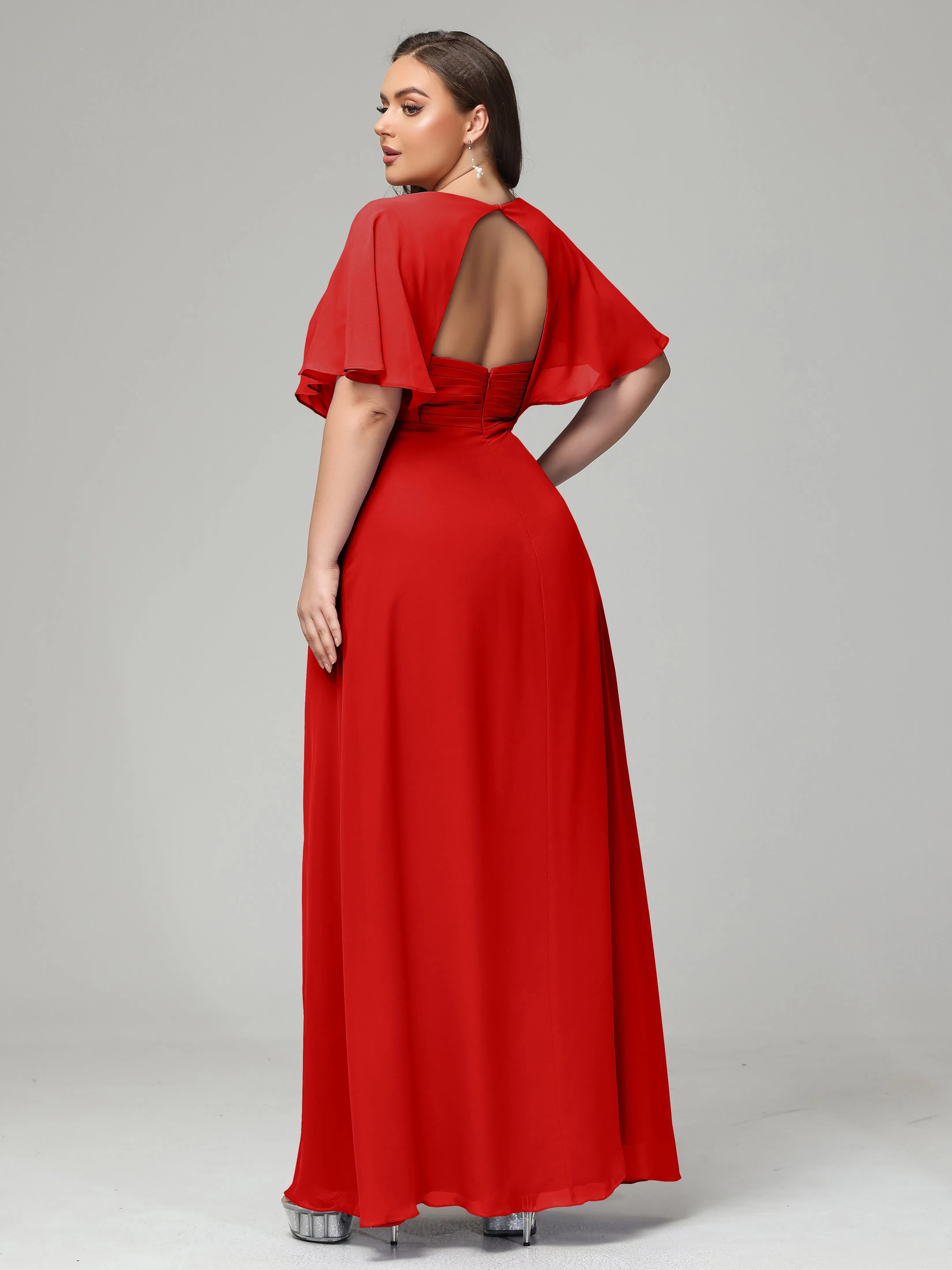 Short Sleeves Chiffon Split Long Plus Bridesmaid Dresses
