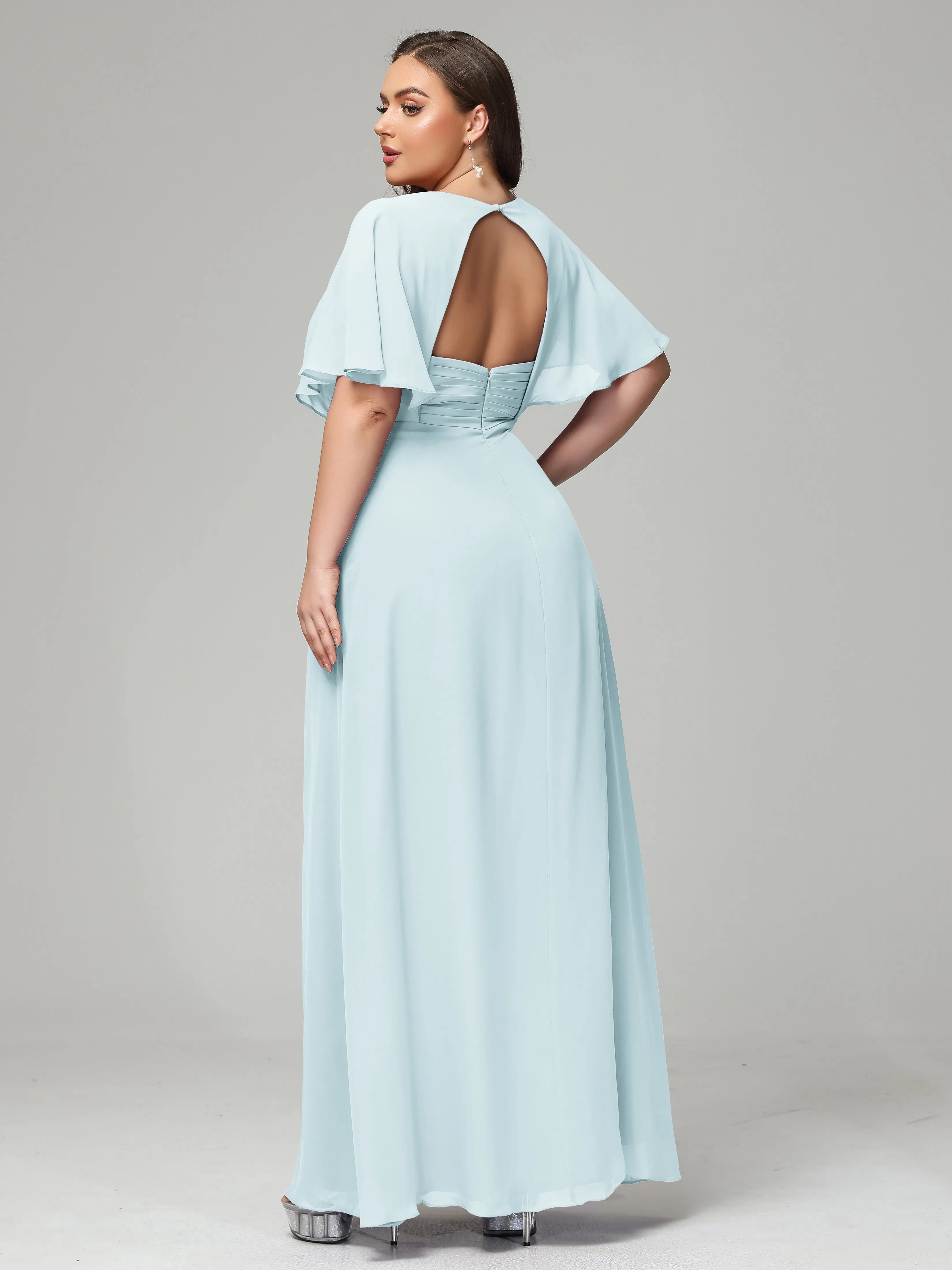 Short Sleeves Chiffon Split Long Plus Bridesmaid Dresses
